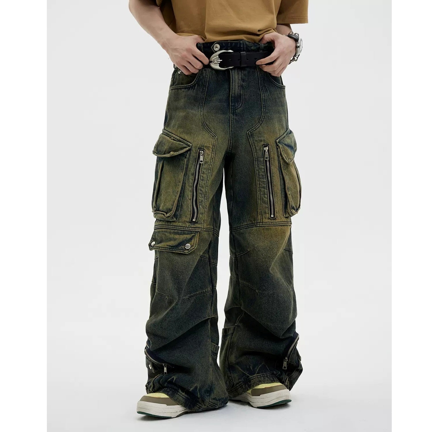 Wide-leg Double Pocket Cargo Jeans MB7028