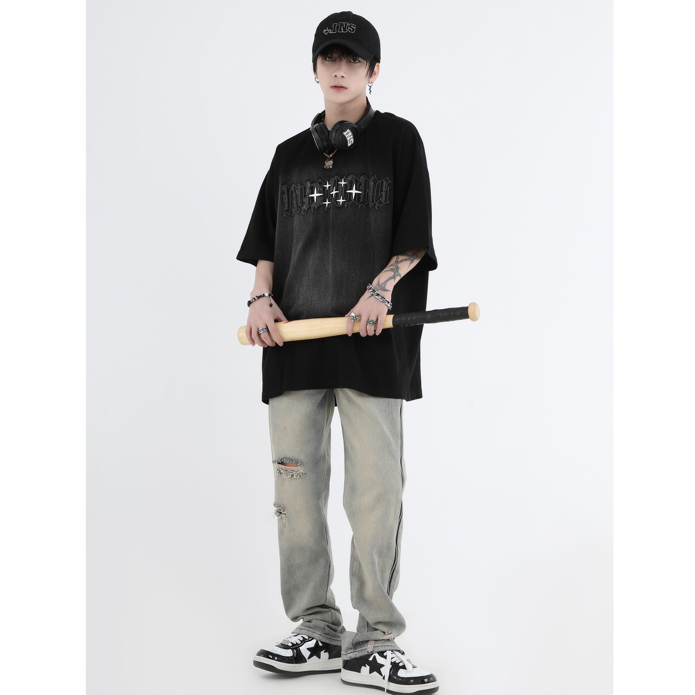 Gothic Font Embroidery LOGO Wash T-Shirt IN7011