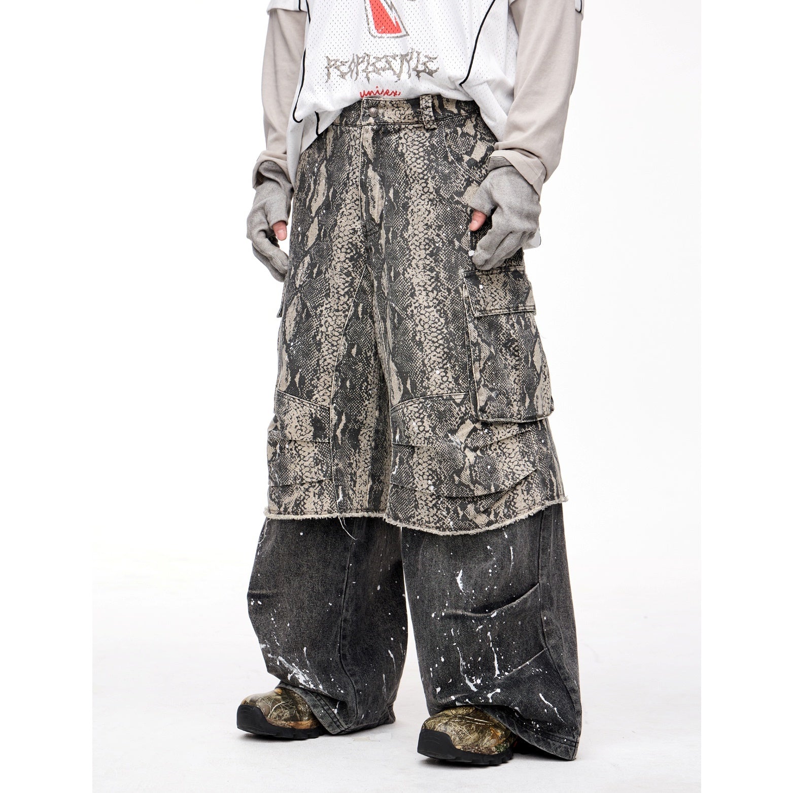 Fake Two-piece Python Print Panelled Baggy Pants MB7321