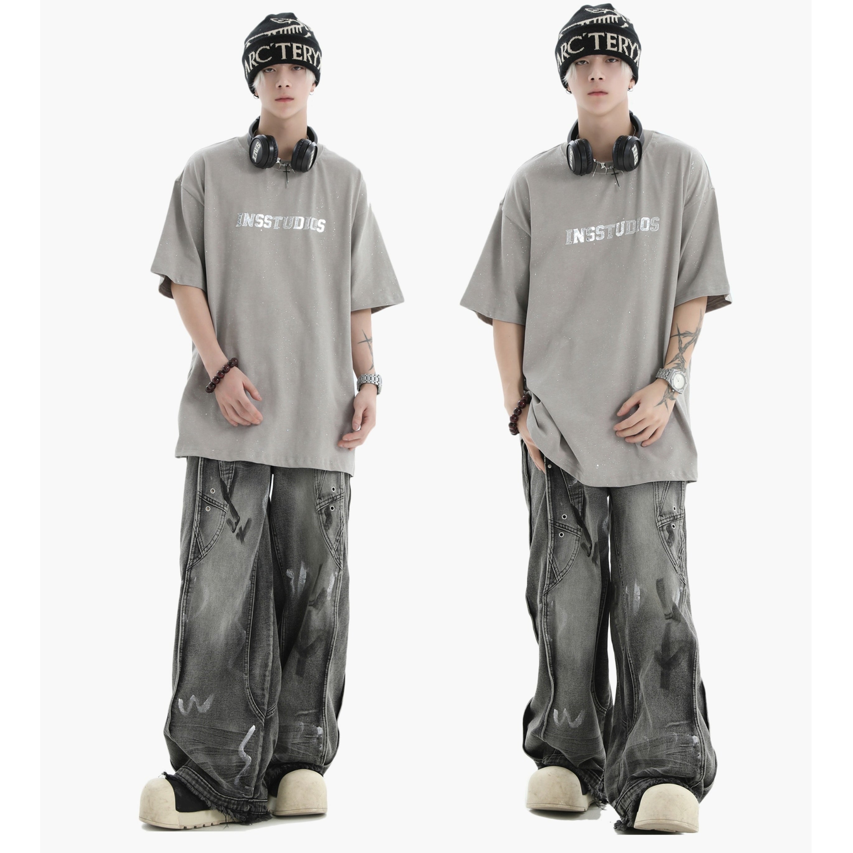 Irregular Traces Graffiti Wide-leg Switching Jeans IN7020