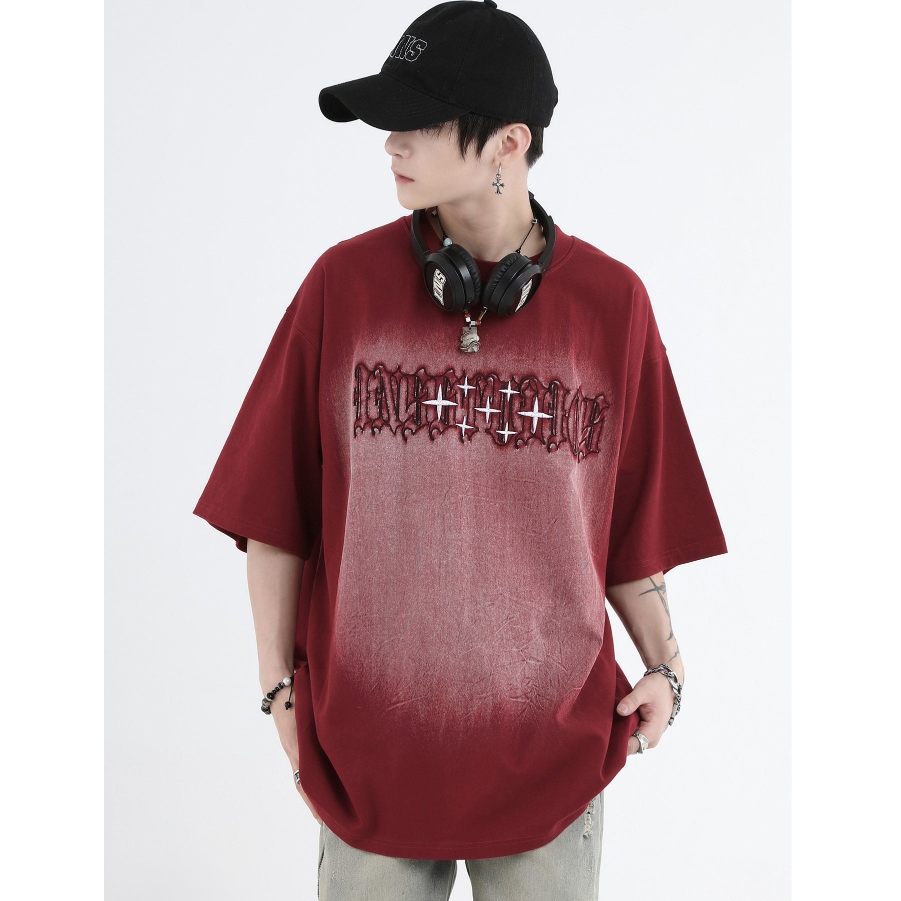 Gothic Font Embroidery LOGO Wash T-Shirt IN7011