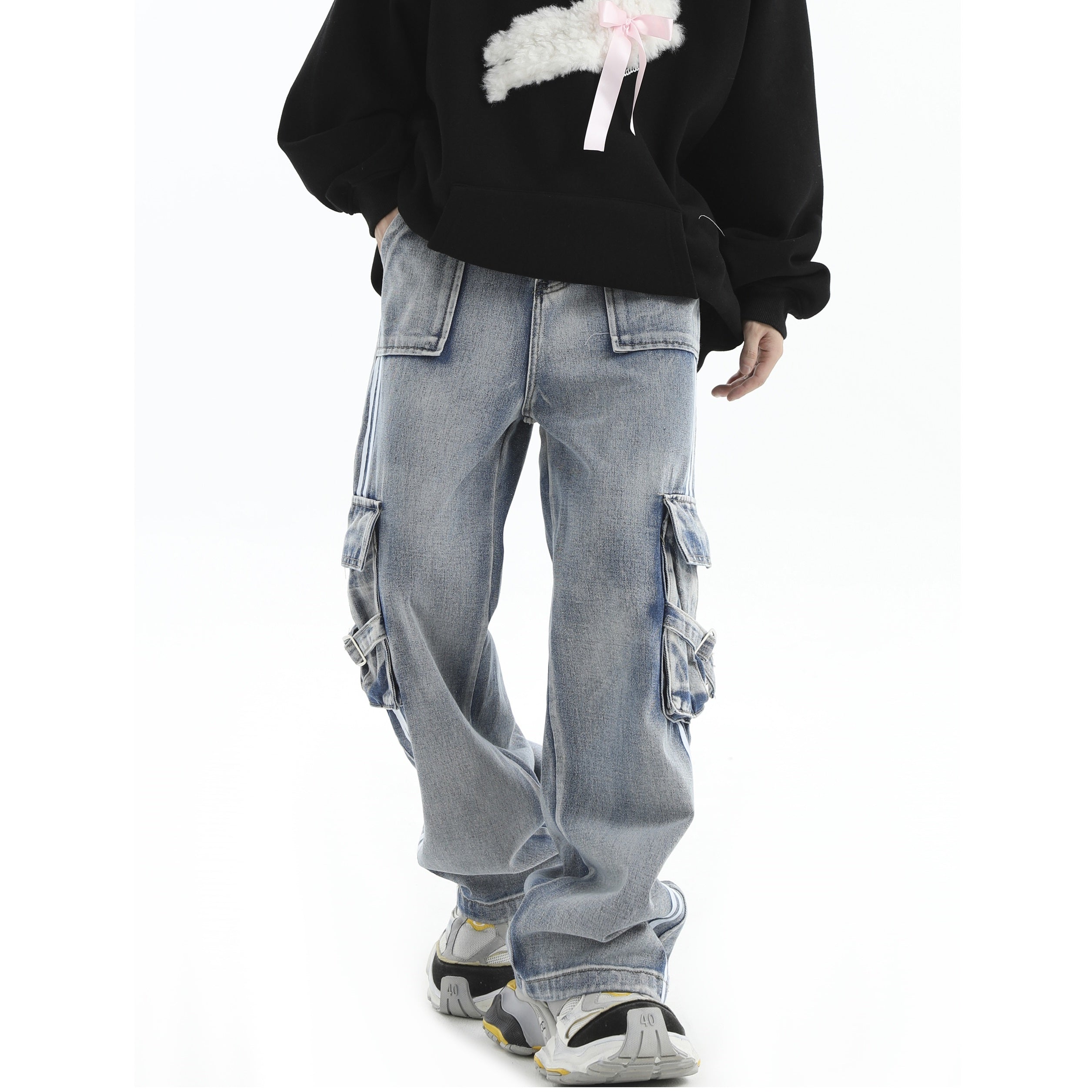 Side Stripe Panel Loose Straight Cargo Jeans IN7005