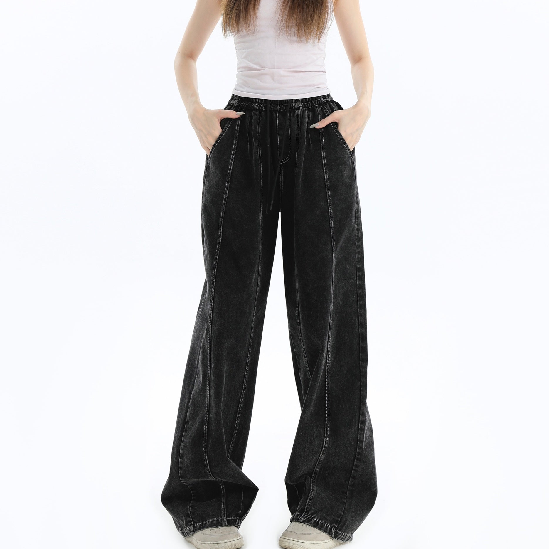 Splicing Crimping Wash Loose Jeans IN7046