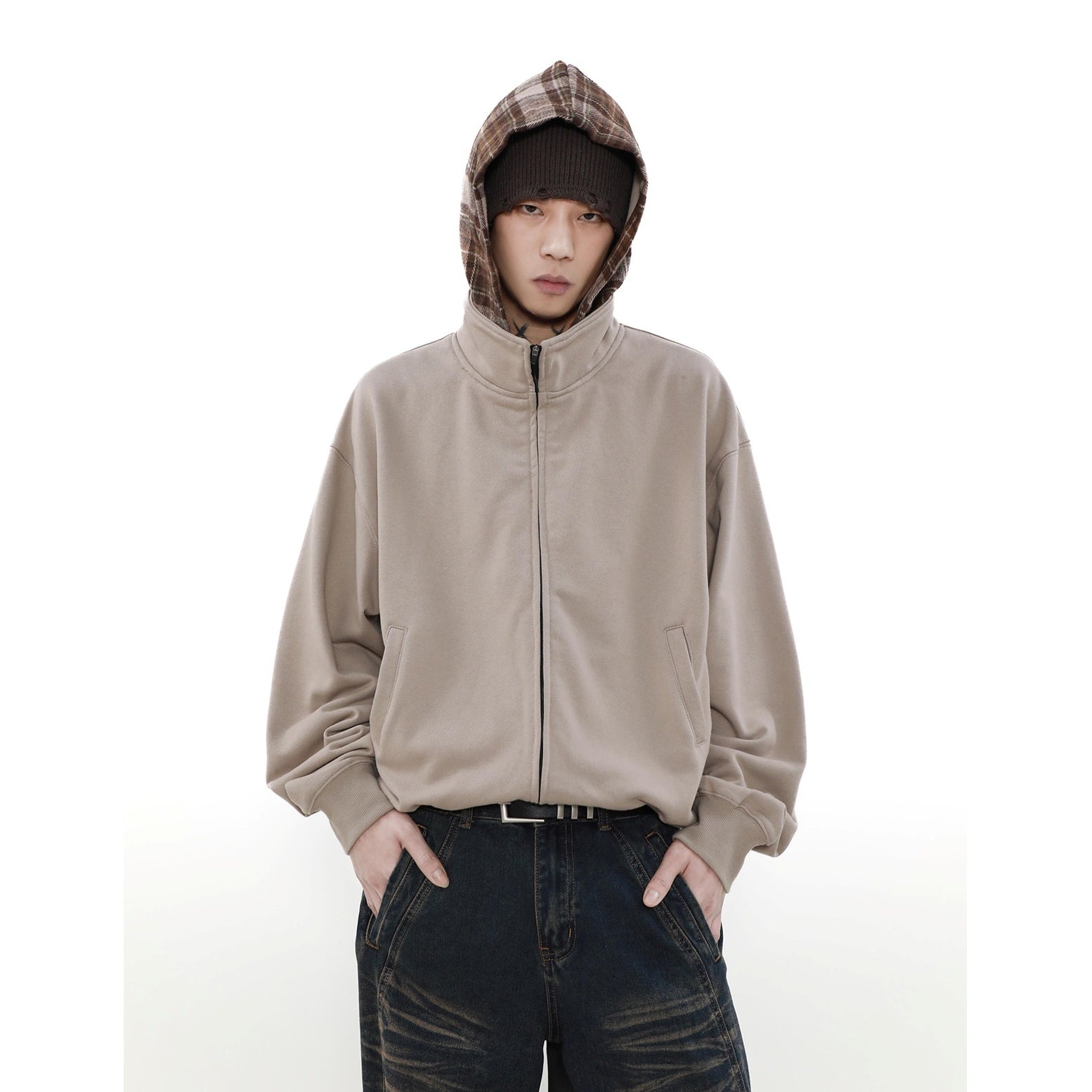 Check Hooded Stand Collar ZIP-Up Parka MB7234