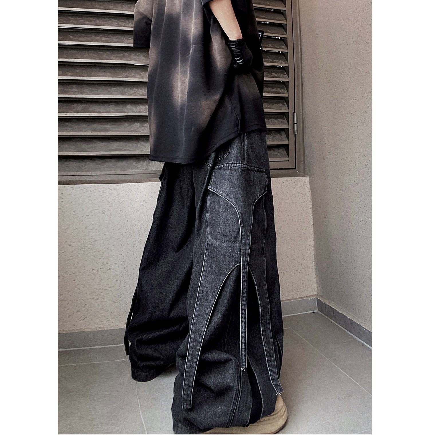 Long Strap Design Wide Cargo Jeans UU7025