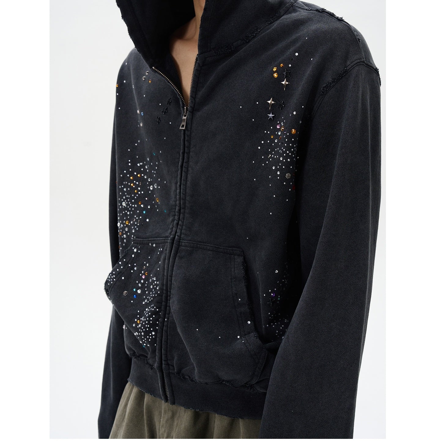 Rhinestone Zipper Hooded Sweat MB7342