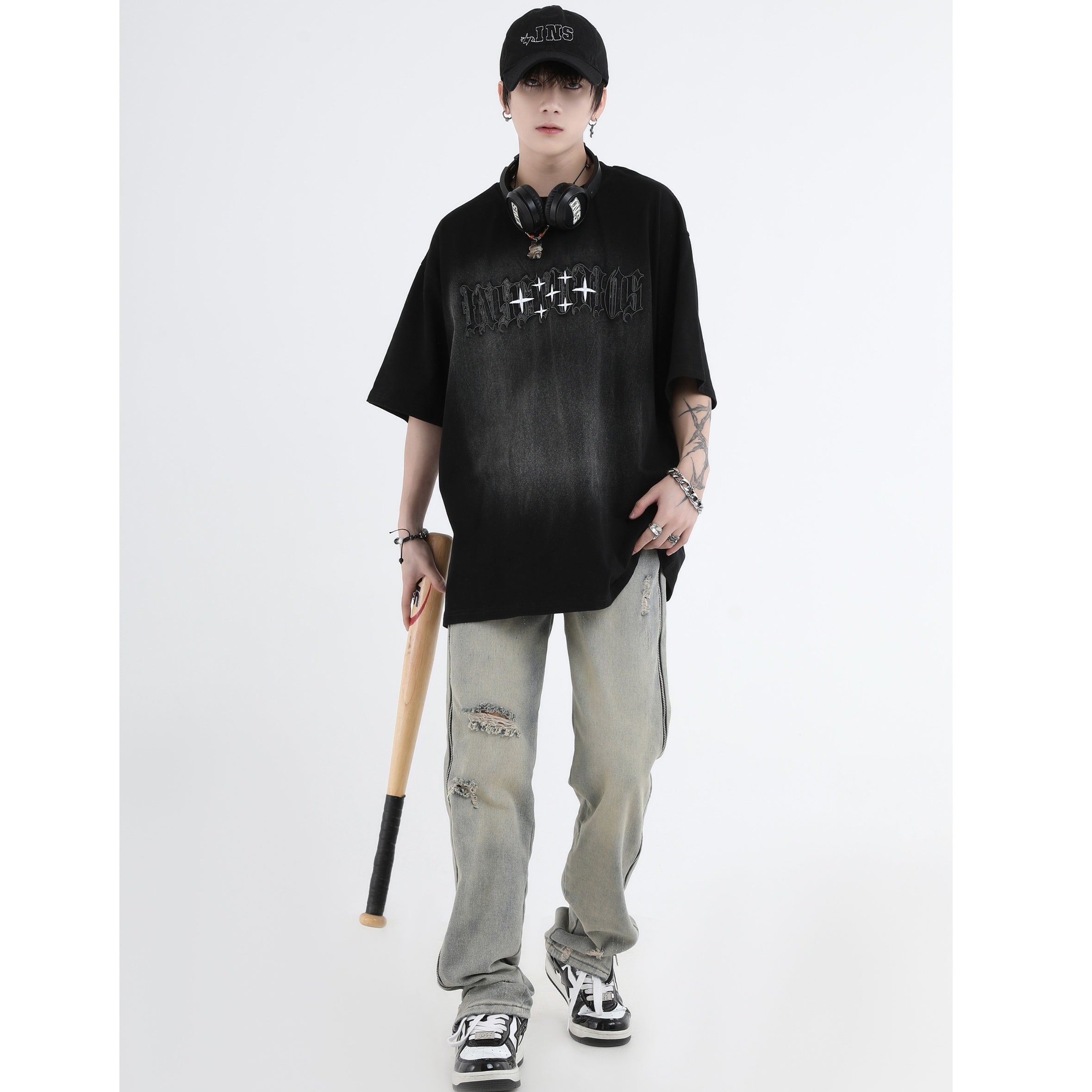 Gothic Font Embroidery LOGO Wash T-Shirt IN7011