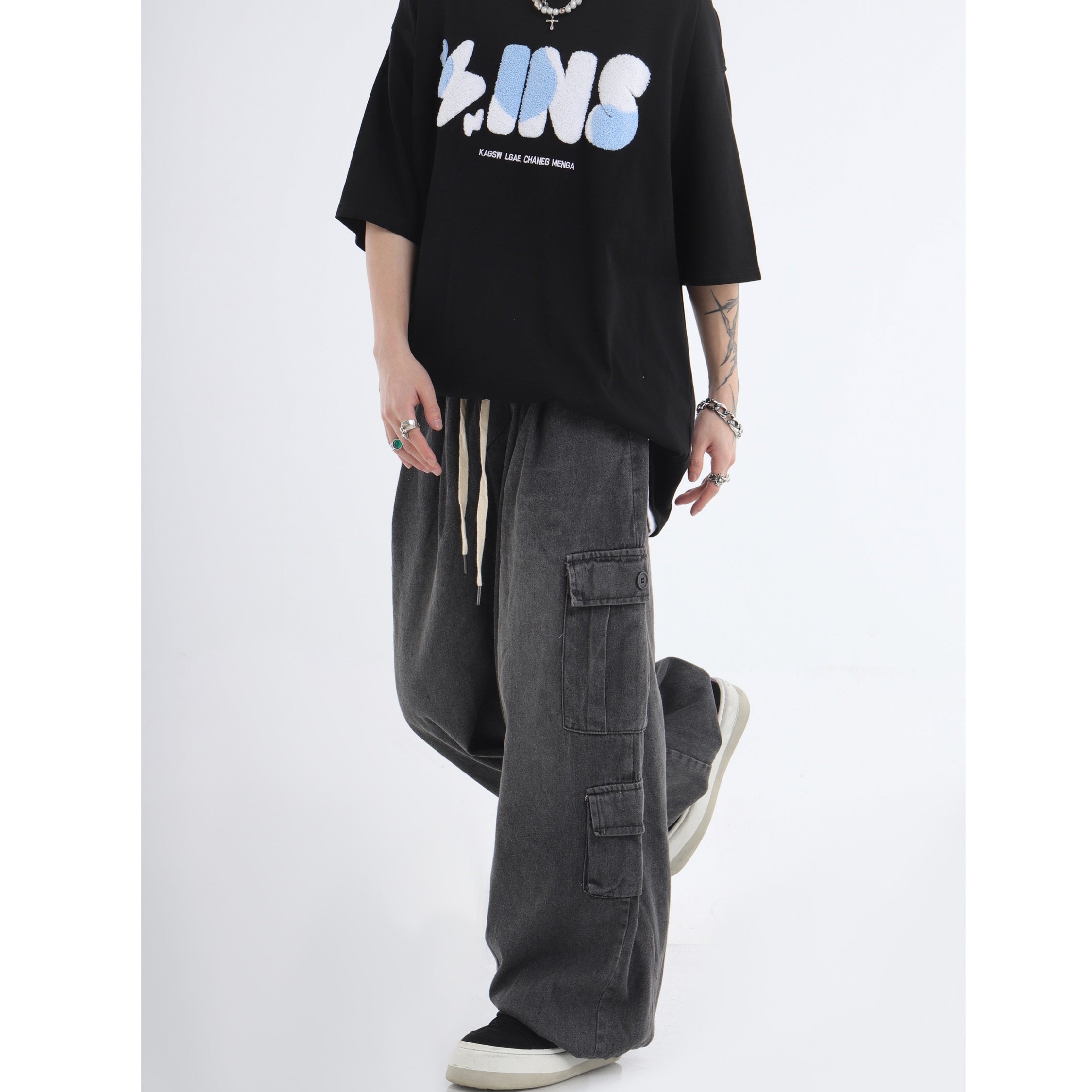 Drawstring Washed Loose Casual Cargo Jeans IN7032
