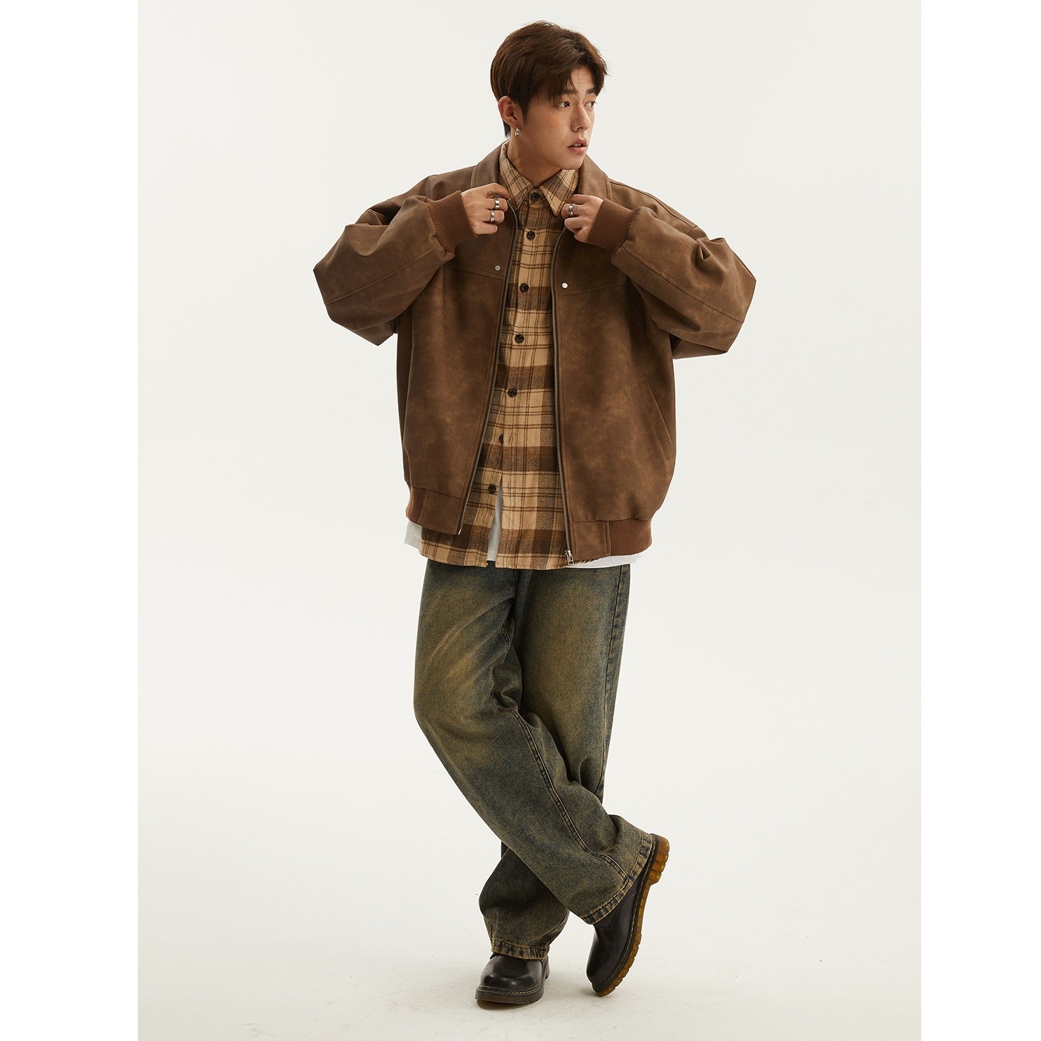 PU Leather Loose Distressed Work Jacket MB7249