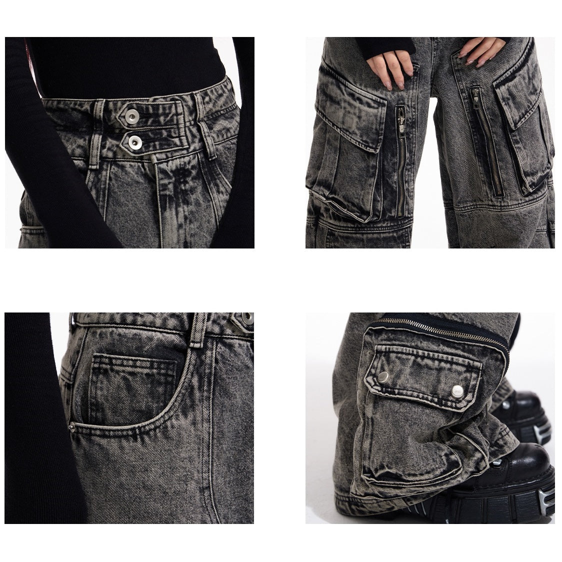 Wide-leg Double Pocket Cargo Jeans MB7028