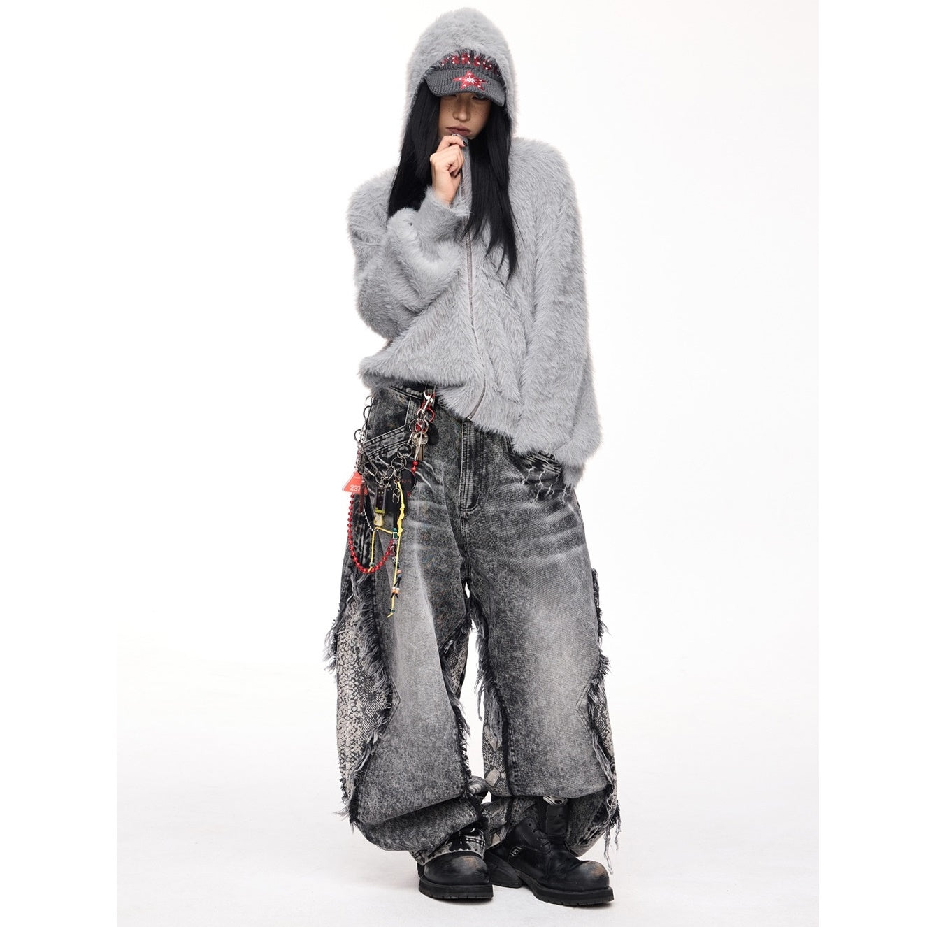 Raw-edged Snakeskin-panelled Washed Barrel Leg Jeans MB7326