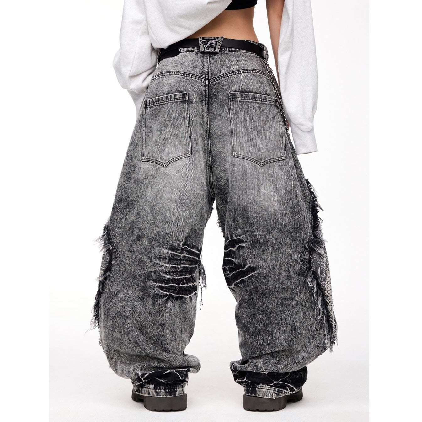 Raw-edged Snakeskin-panelled Washed Barrel Leg Jeans MB7326