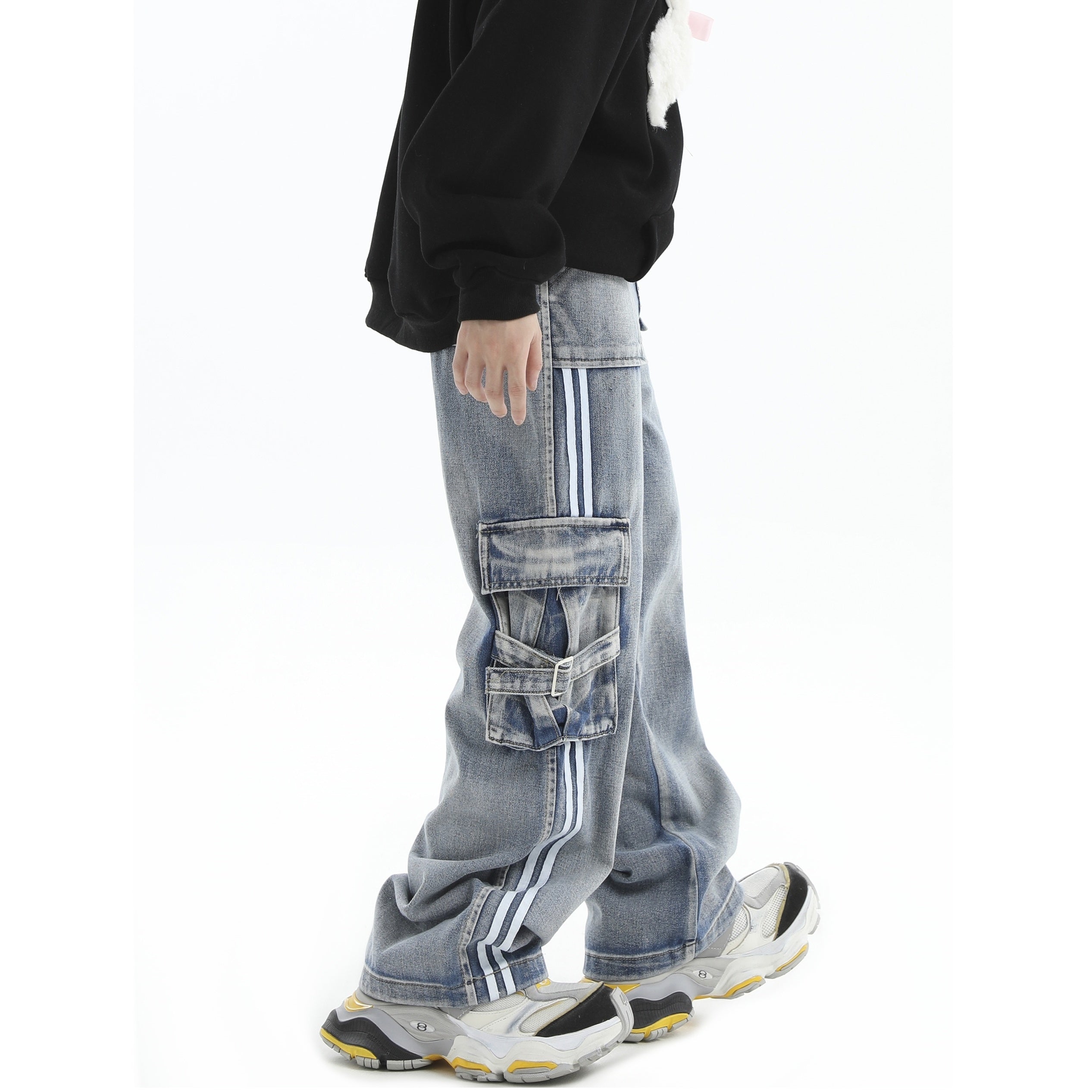 Side Stripe Panel Loose Straight Cargo Jeans IN7005