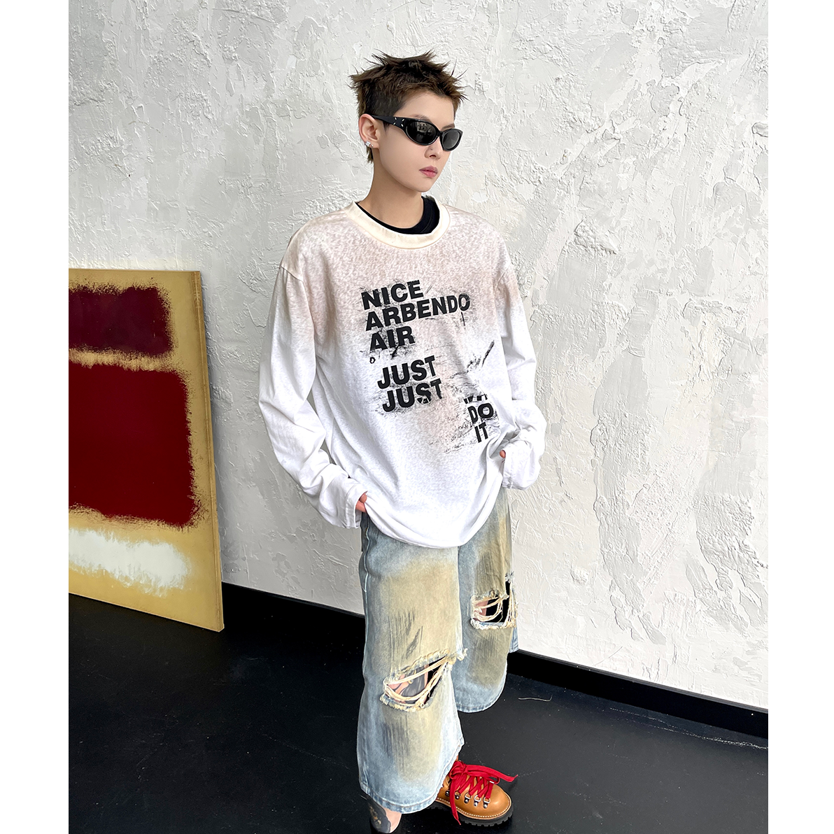 Letter Print Tie-dye Long Sleeve T-shirt EAT092