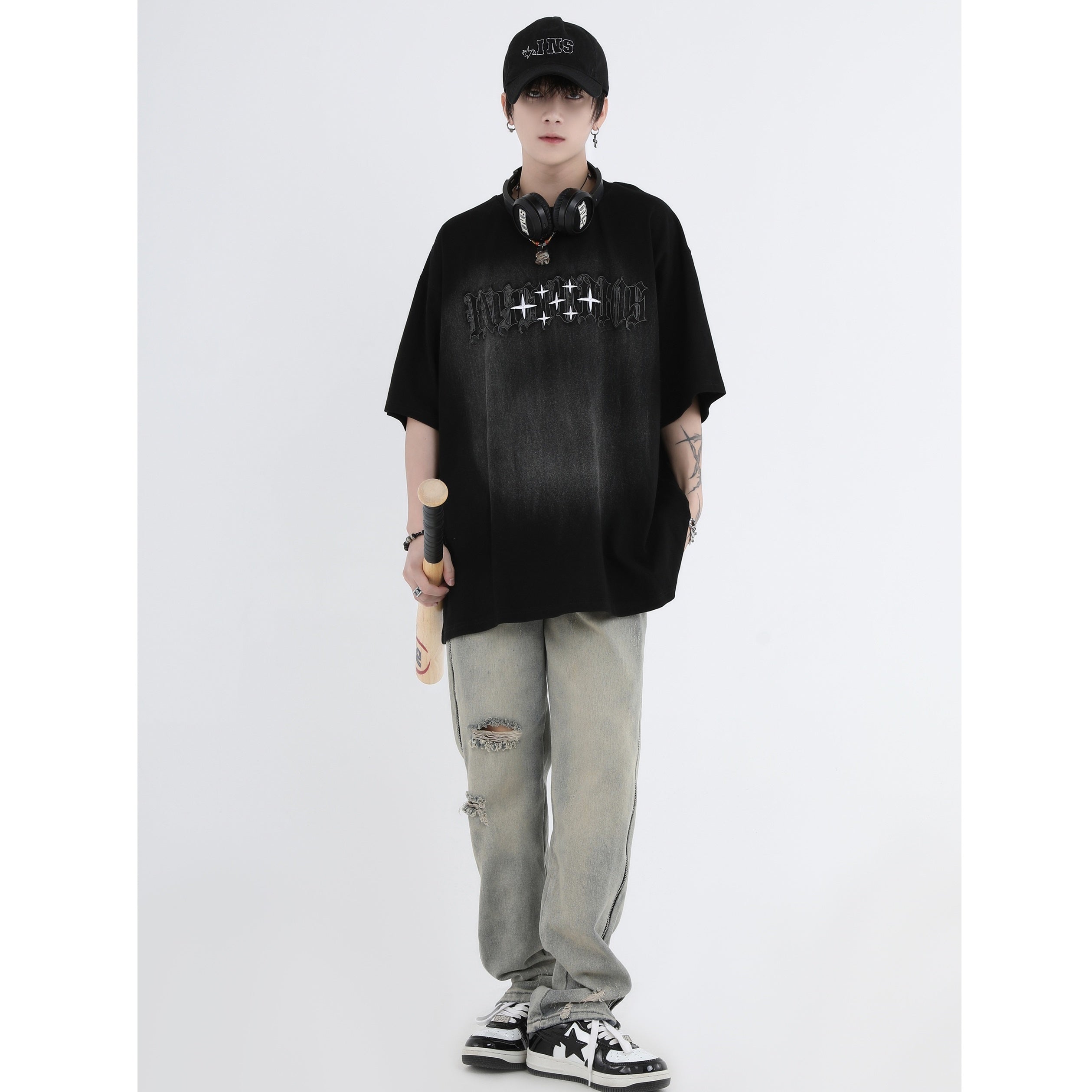 Gothic Font Embroidery LOGO Wash T-Shirt IN7011