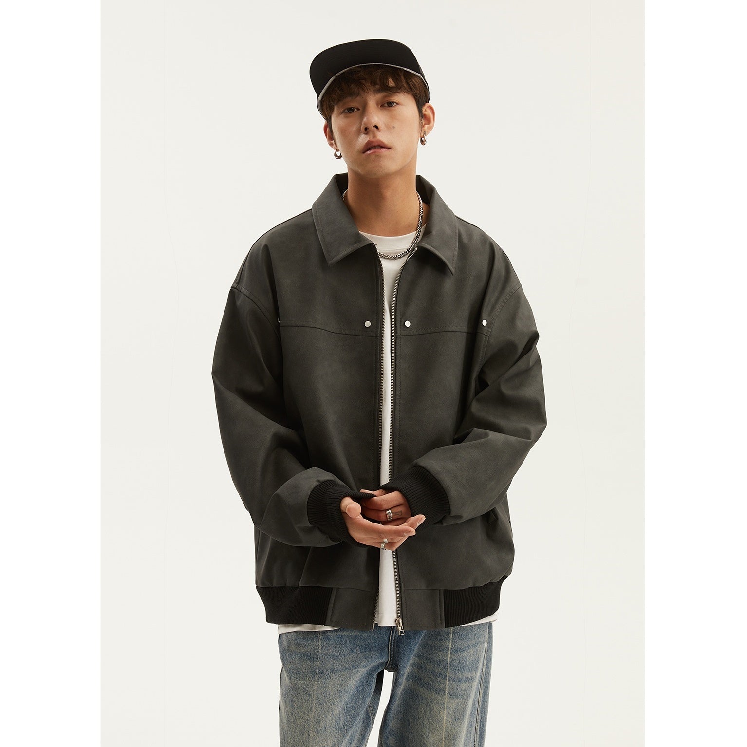 PU Leather Loose Distressed Work Jacket MB7249