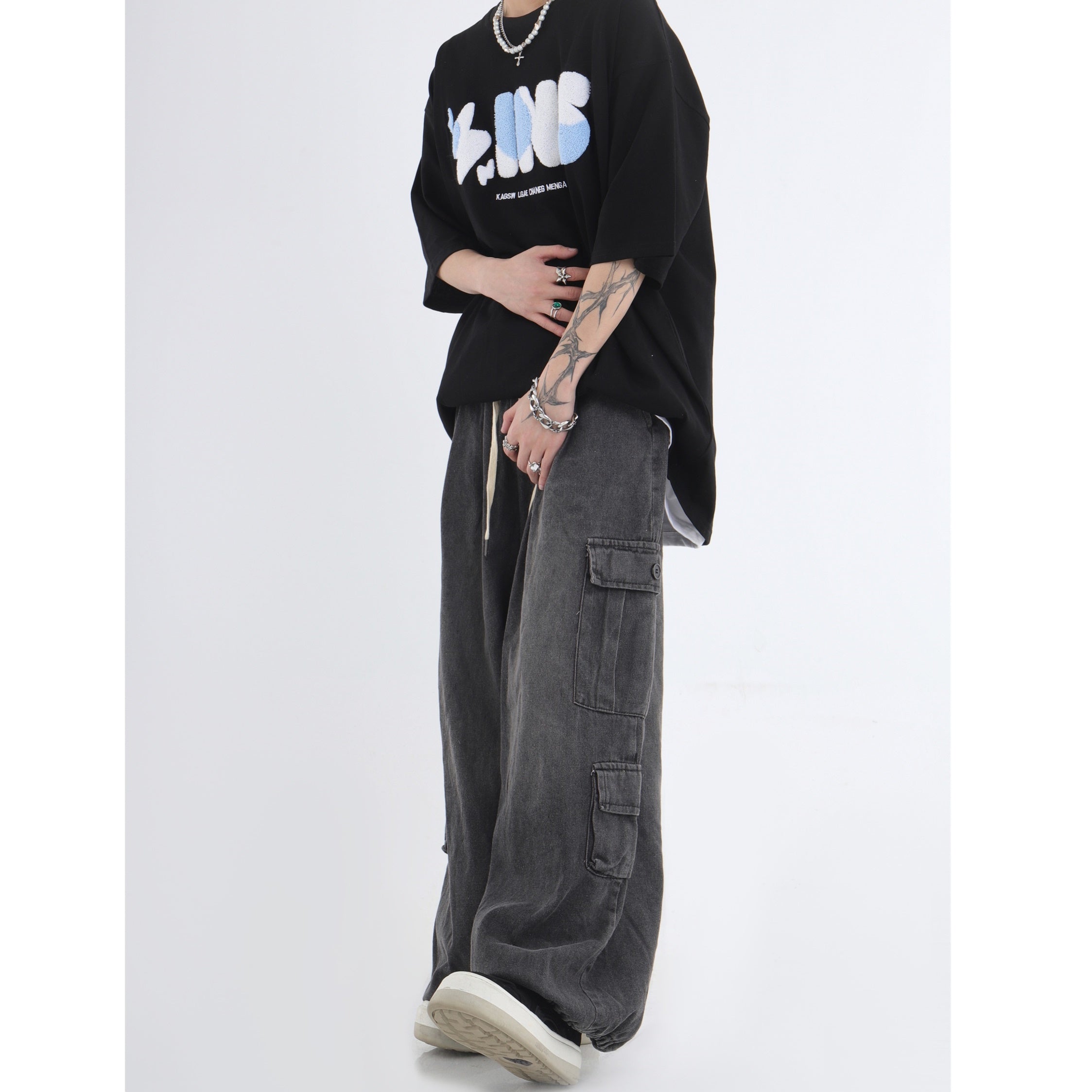 Drawstring Washed Loose Casual Cargo Jeans IN7032