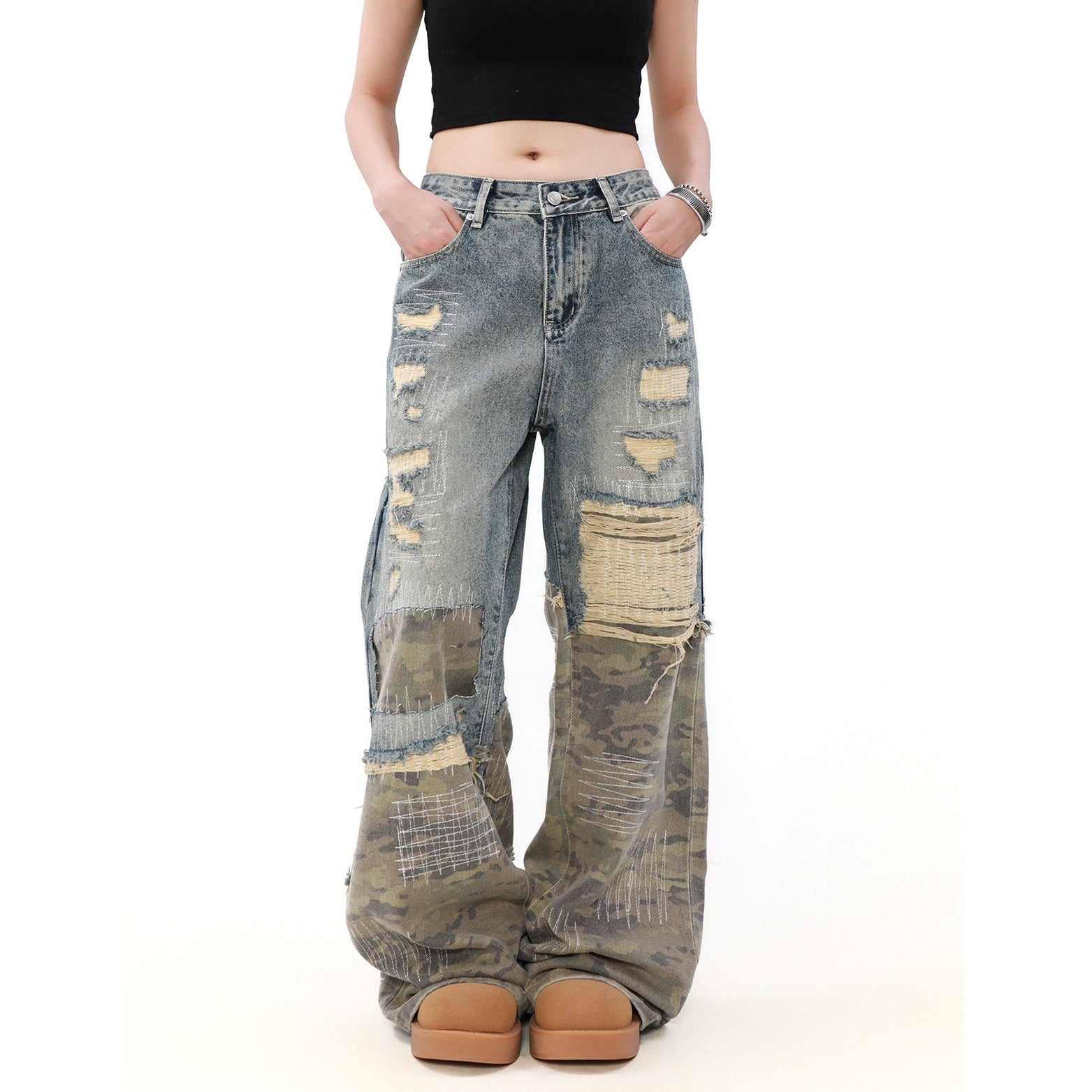 Splicing Camouflage Destruction Whiskering Jeans MB7206