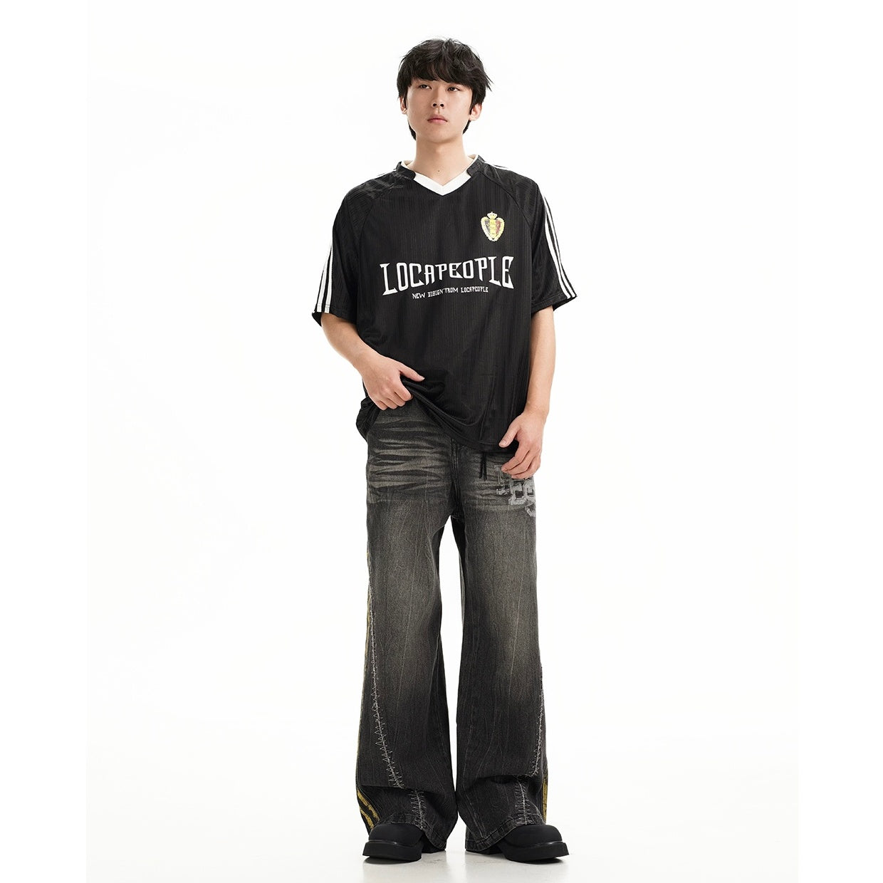 Three-bar Washed Loose Straight Jeans EAT080