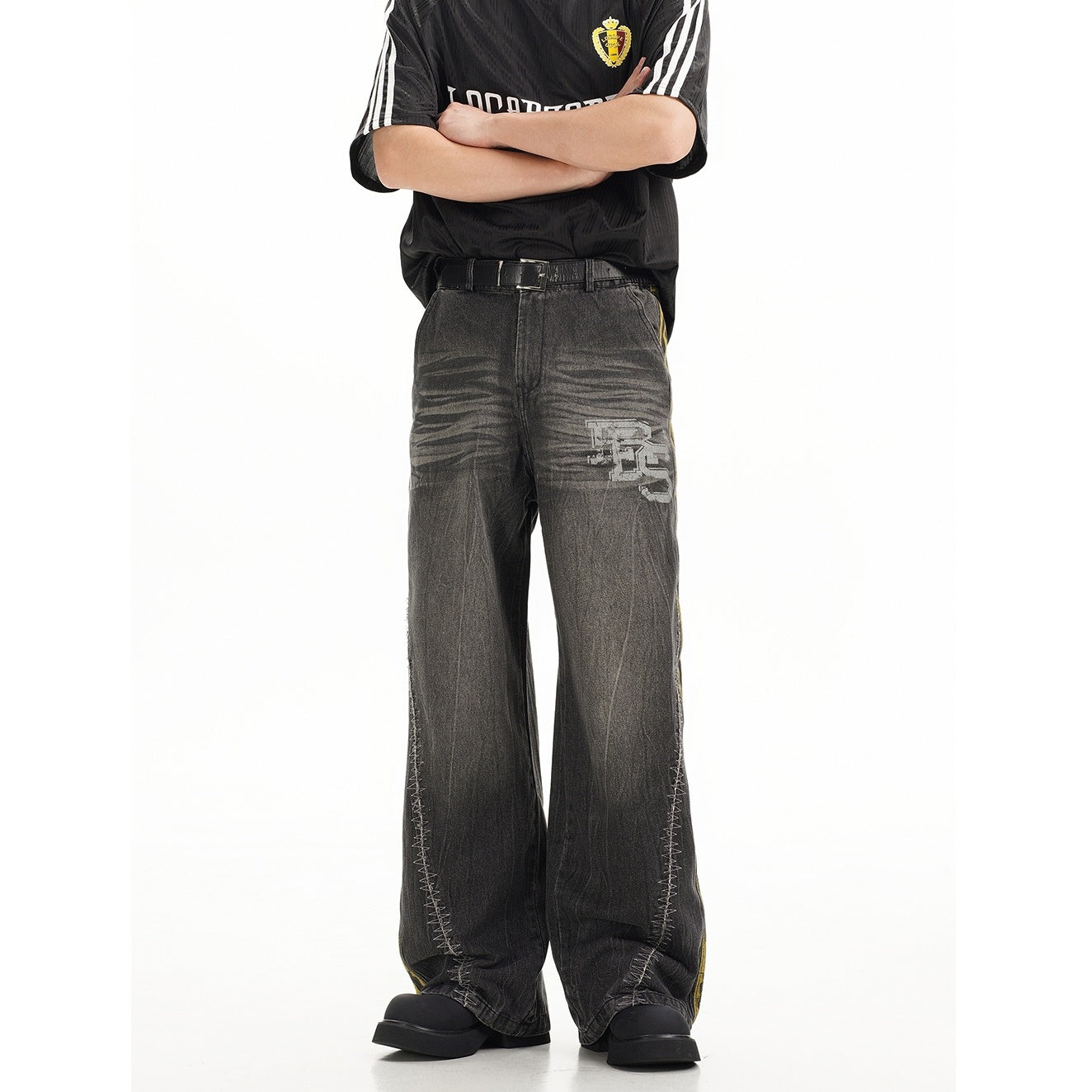 Three-bar Washed Loose Straight Jeans EAT080