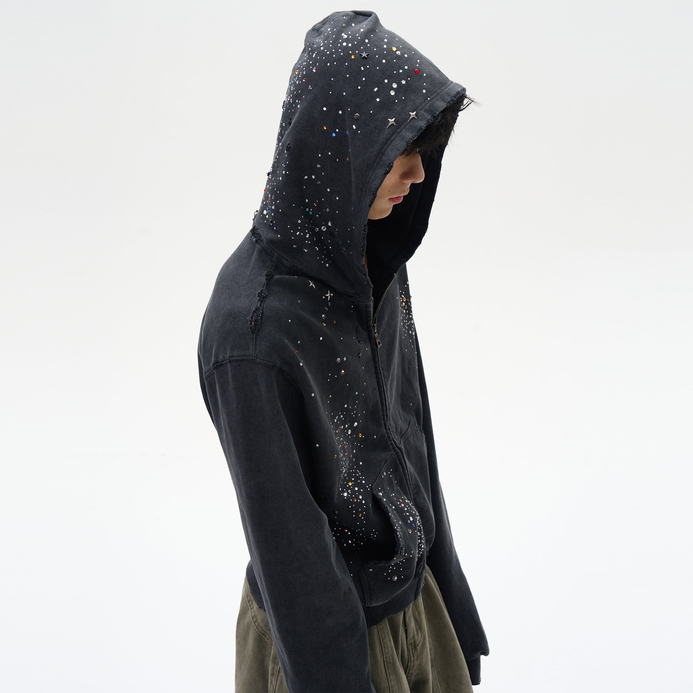 Rhinestone Zipper Hooded Sweat MB7342