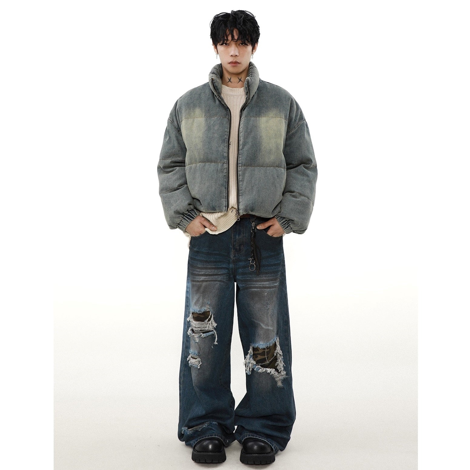 Distressed Washed Denim Down Jacket MB7295