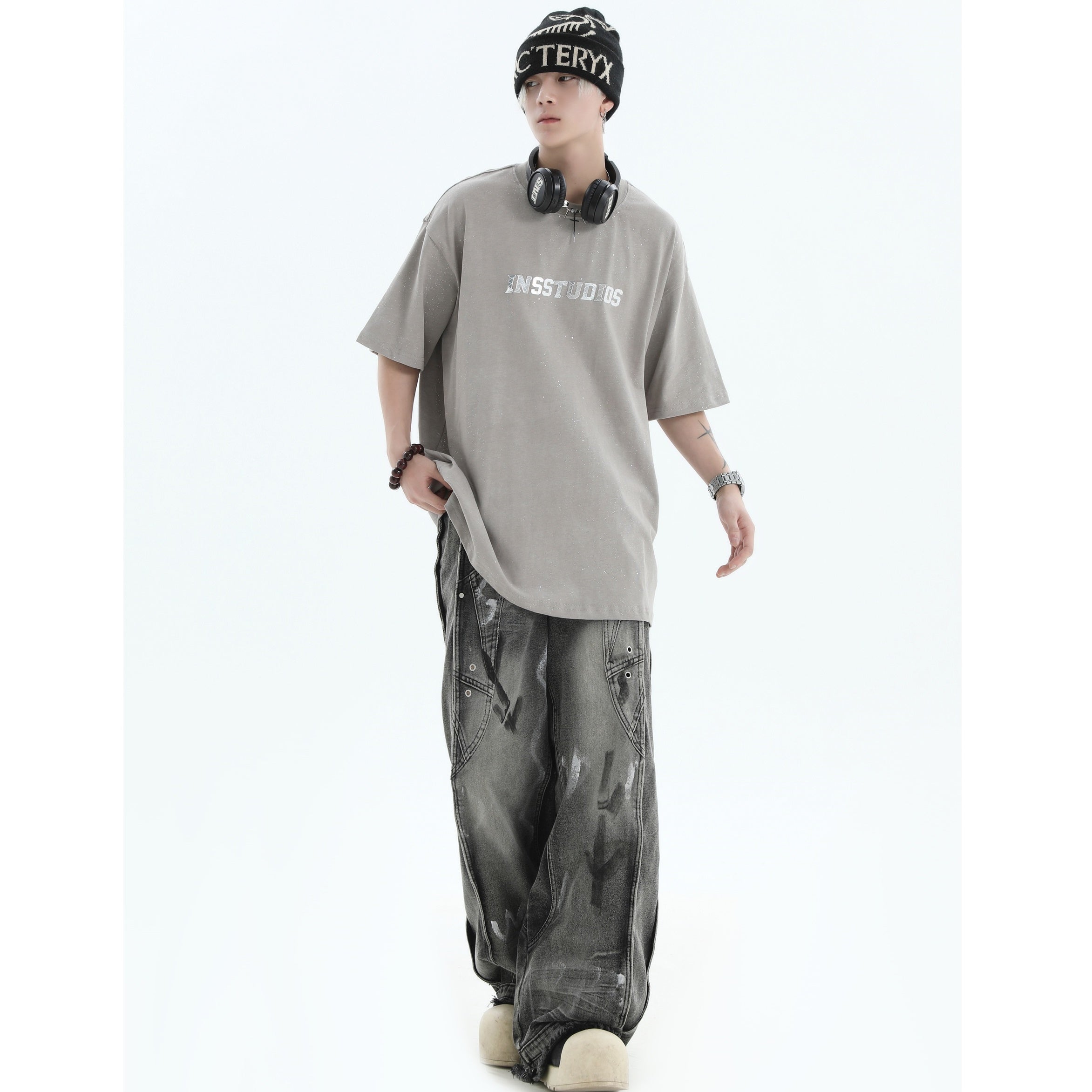 Irregular Traces Graffiti Wide-leg Switching Jeans IN7020