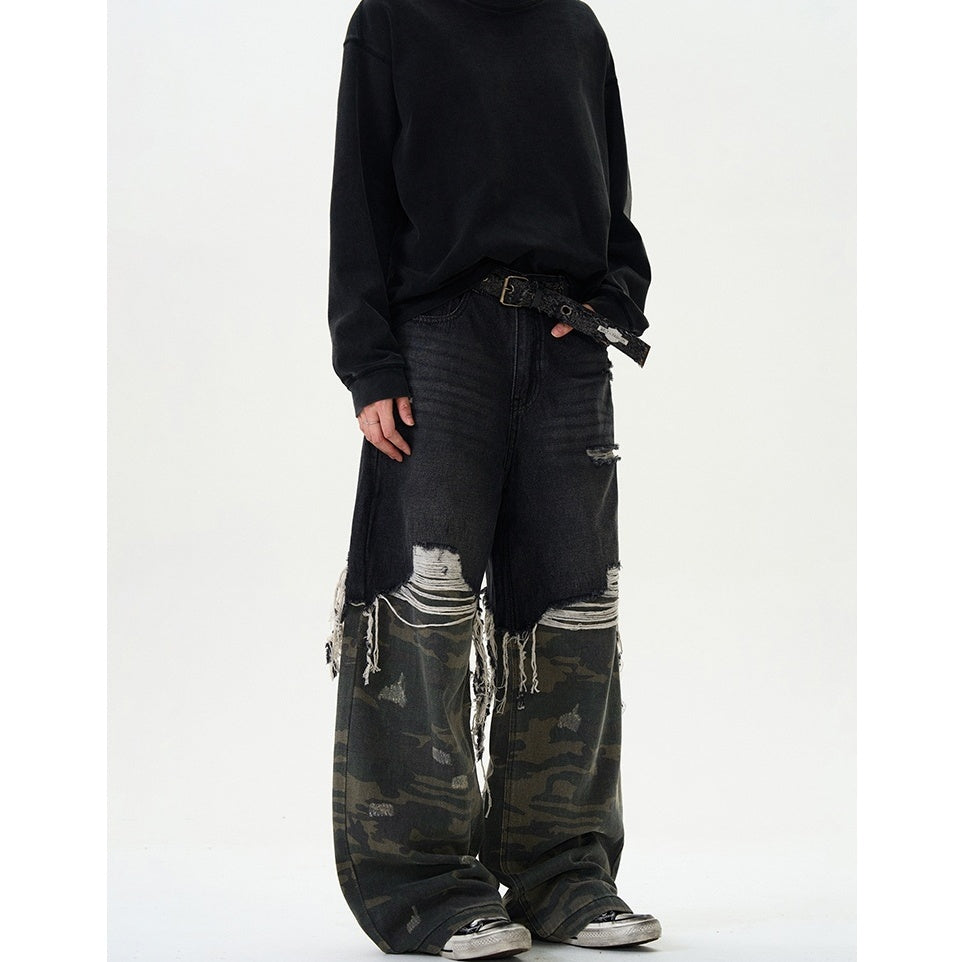 Camouflage Stitching Damage Loose Jeans MB7341