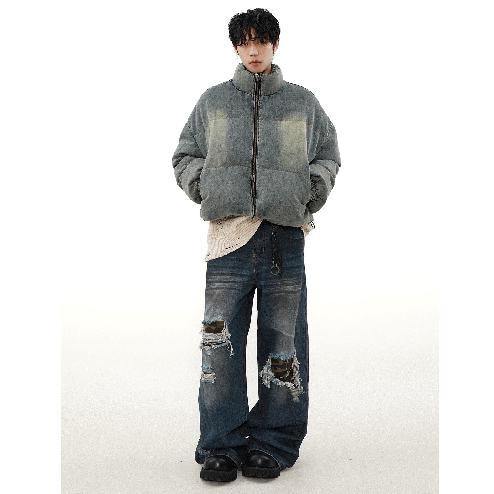 Distressed Washed Denim Down Jacket MB7295
