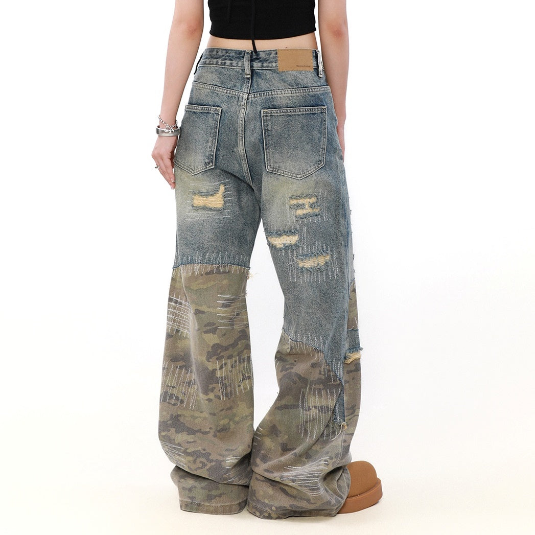 Splicing Camouflage Destruction Whiskering Jeans MB7206