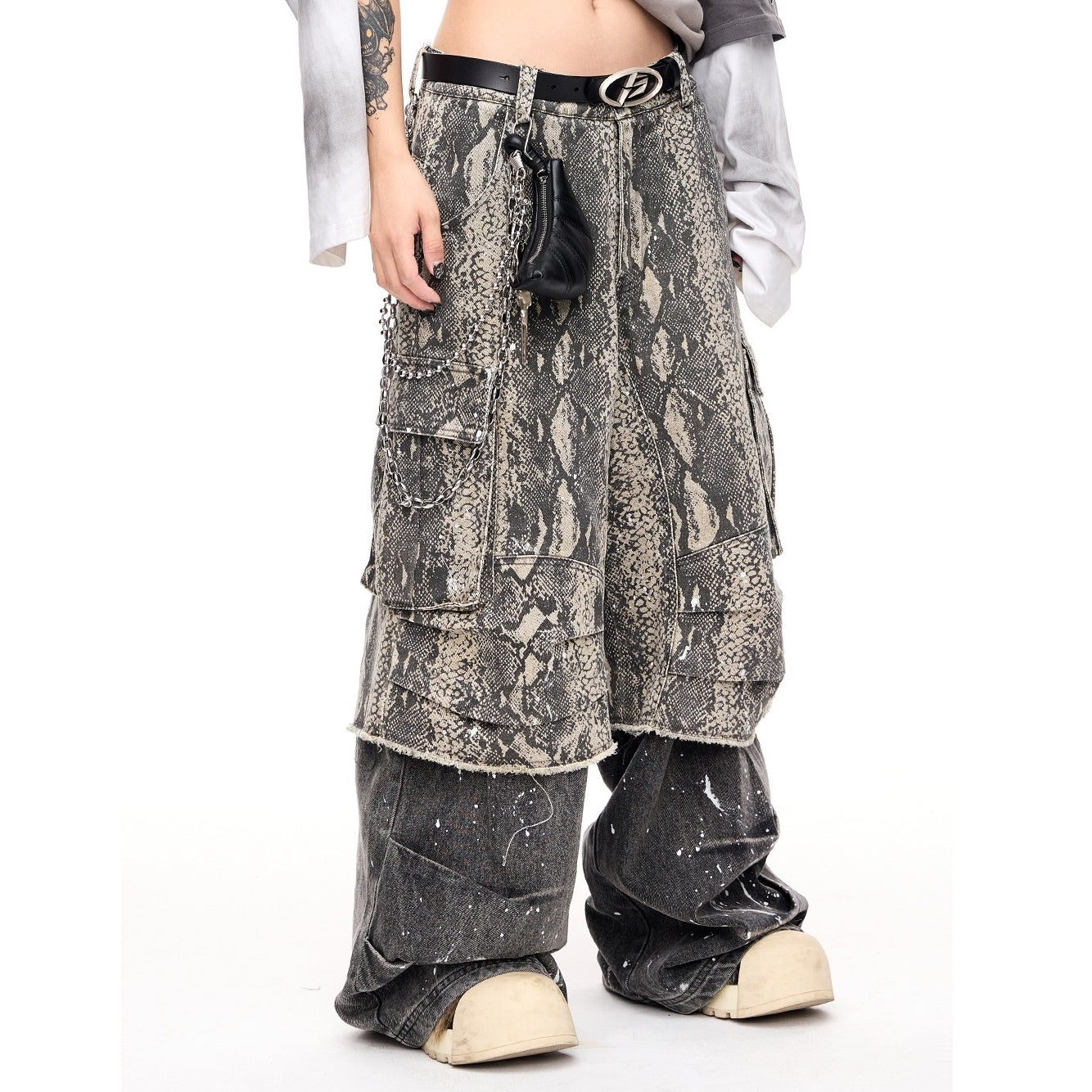 Fake Two-piece Python Print Panelled Baggy Pants MB7321