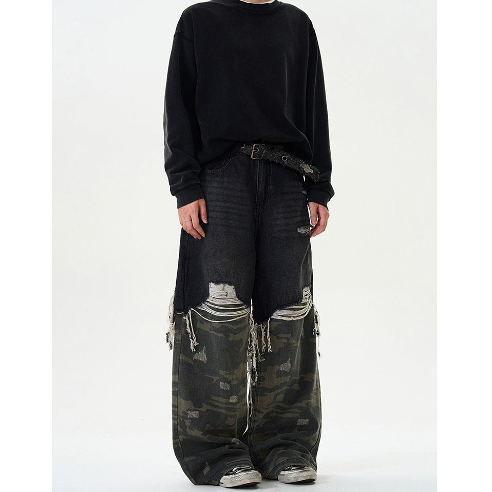 Camouflage Stitching Damage Loose Jeans MB7341