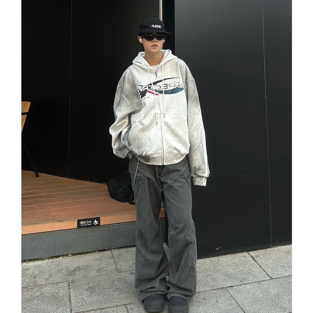 Dirty Spray Lettered Zip-Up Hooded Sweat MB7075