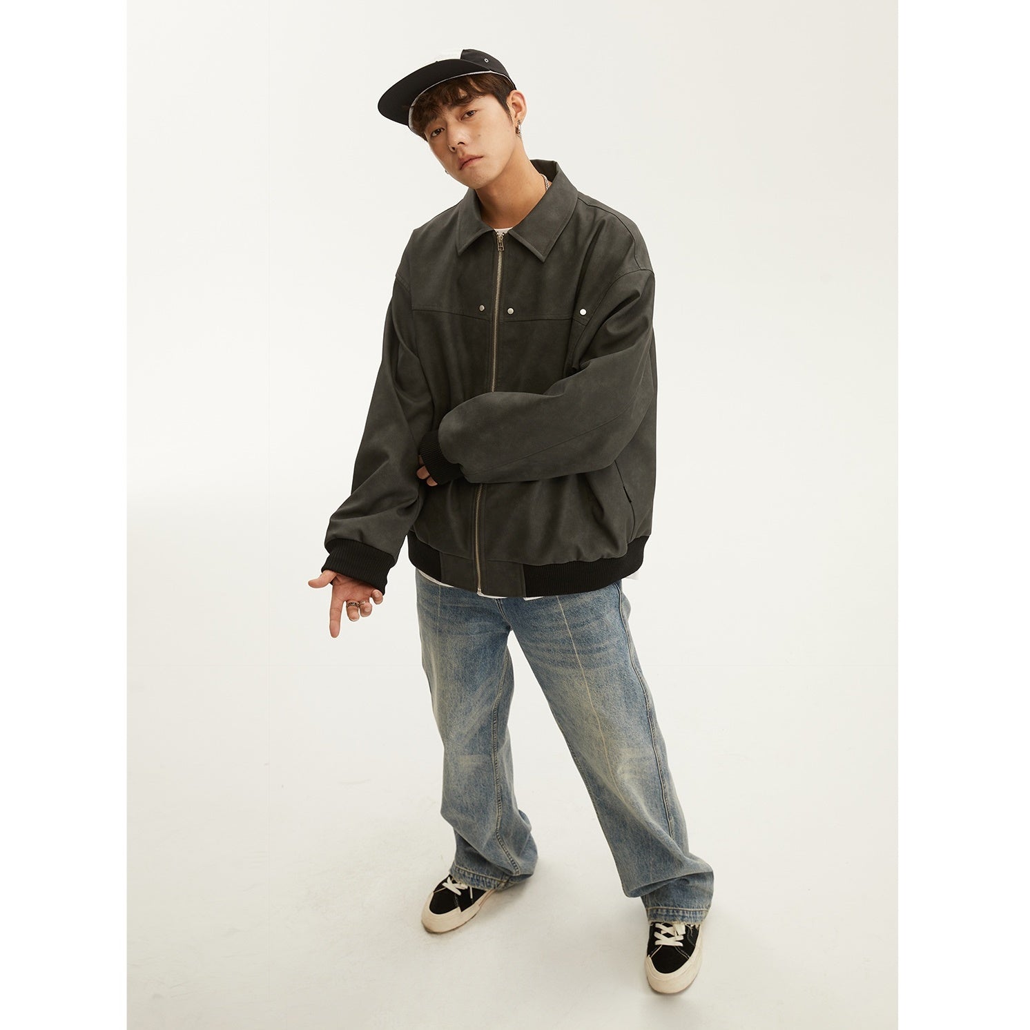PU Leather Loose Distressed Work Jacket MB7249