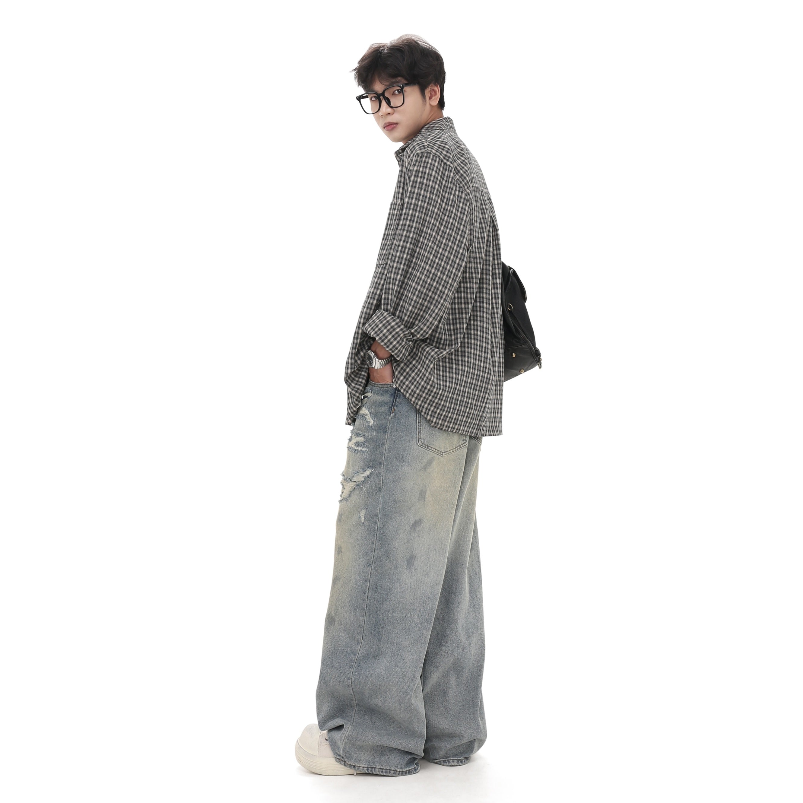 Distressed Ripped Wide-leg Buggy Jeans GB7008