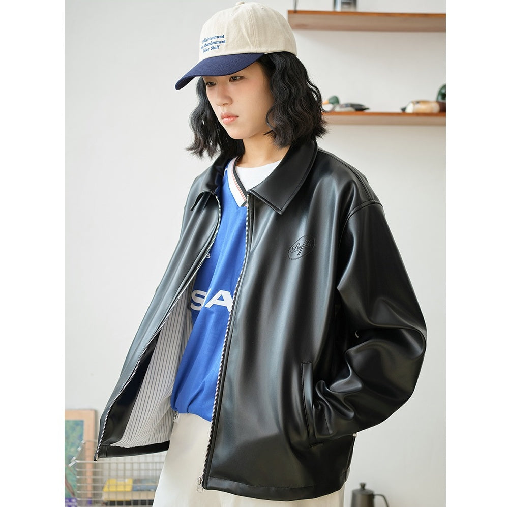 Fake Leather Embroidery Zip-up Jacket BT7001