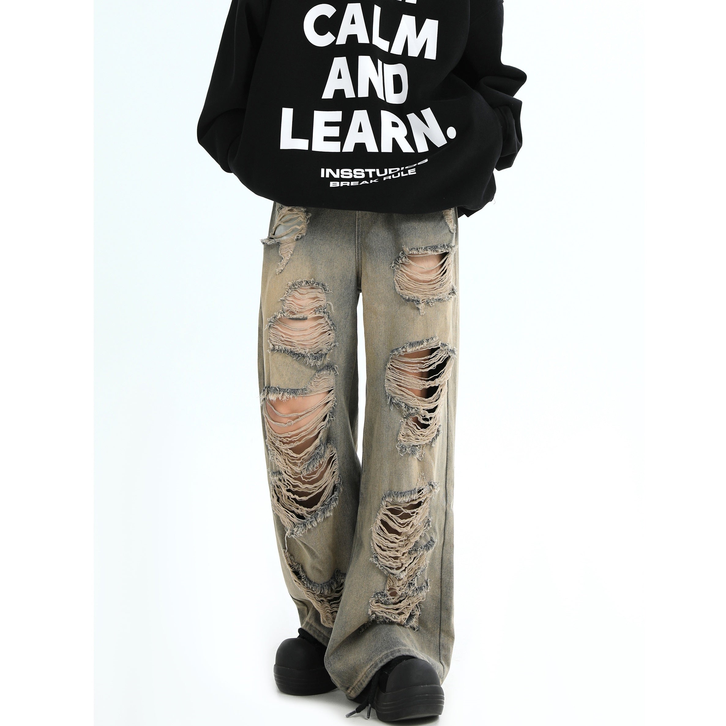 Hard Ripped Wash Loose Straight Jeans MB7103