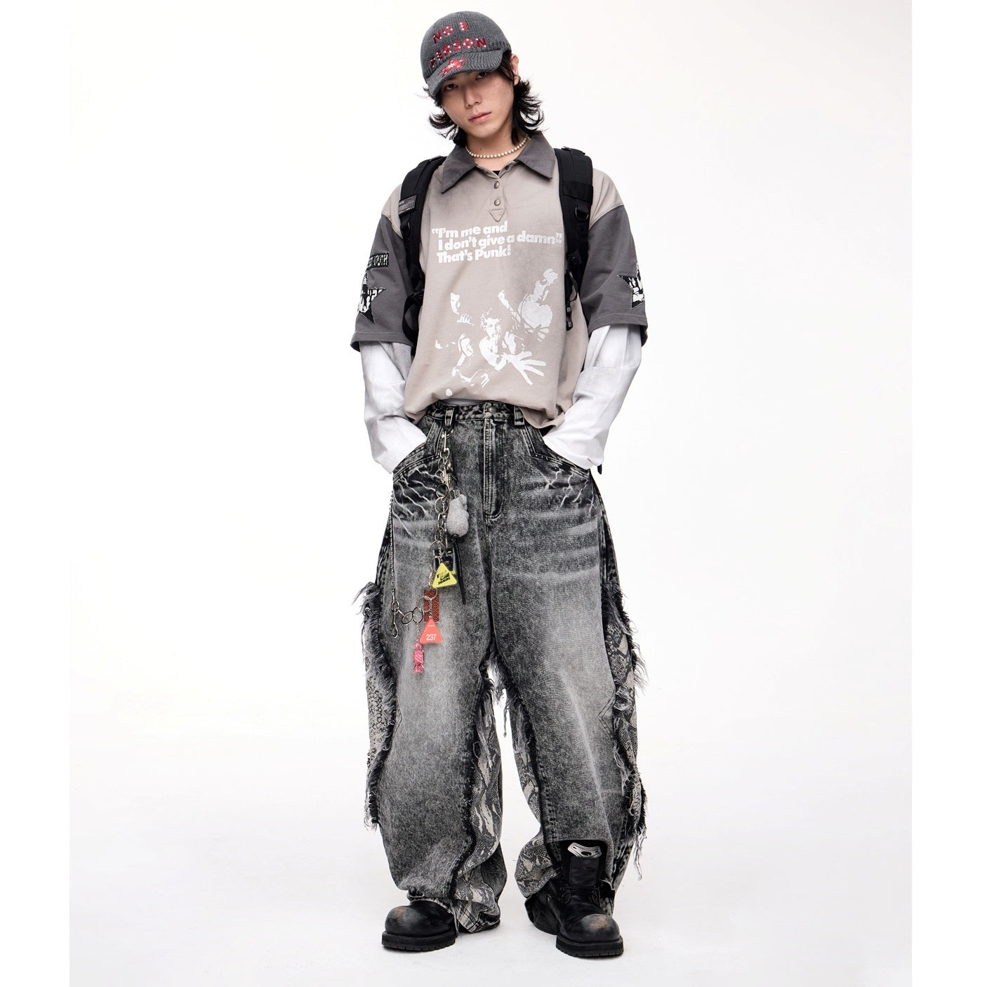 Raw-edged Snakeskin-panelled Washed Barrel Leg Jeans MB7326