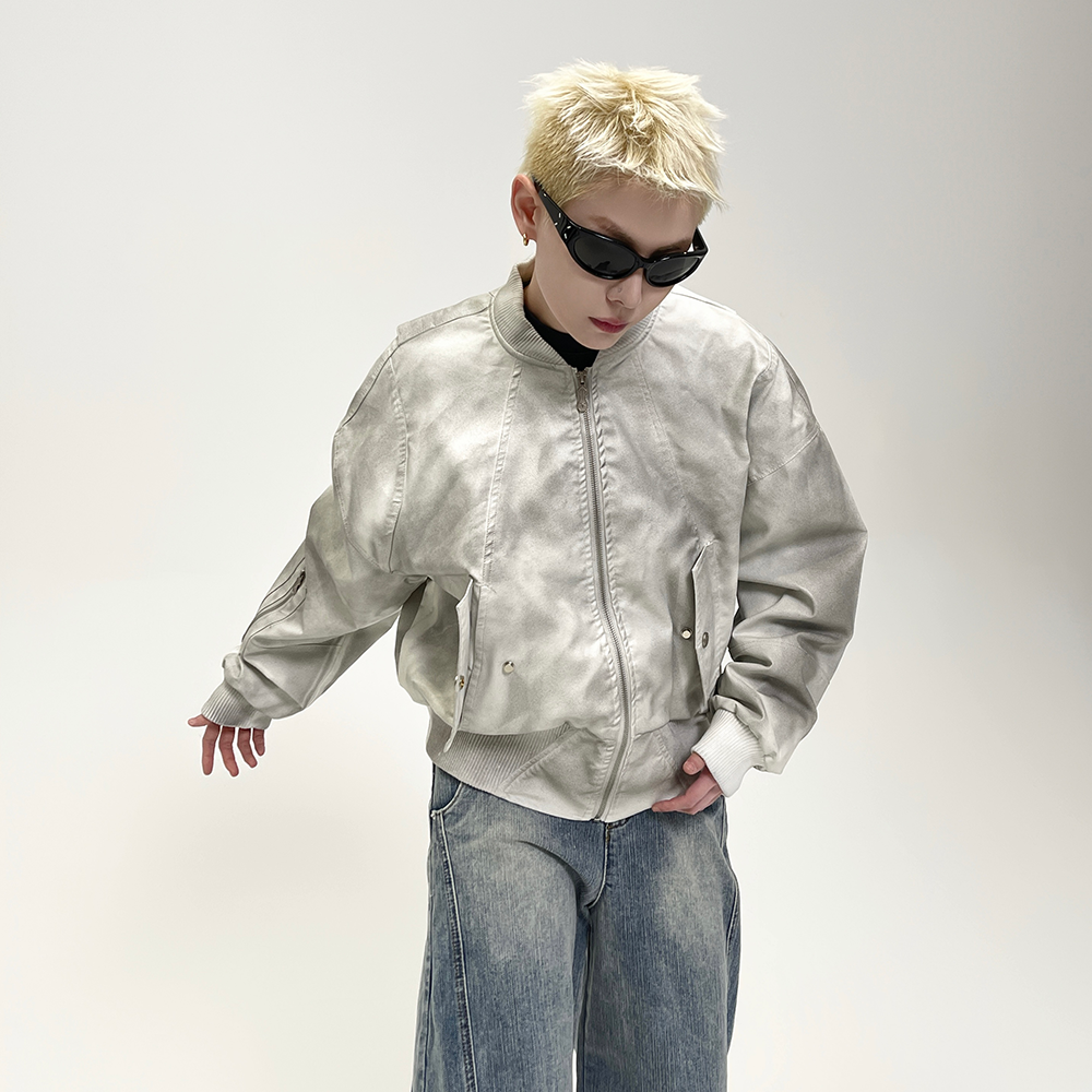 Dirty Washed Leather Baseball Jacket EAT070