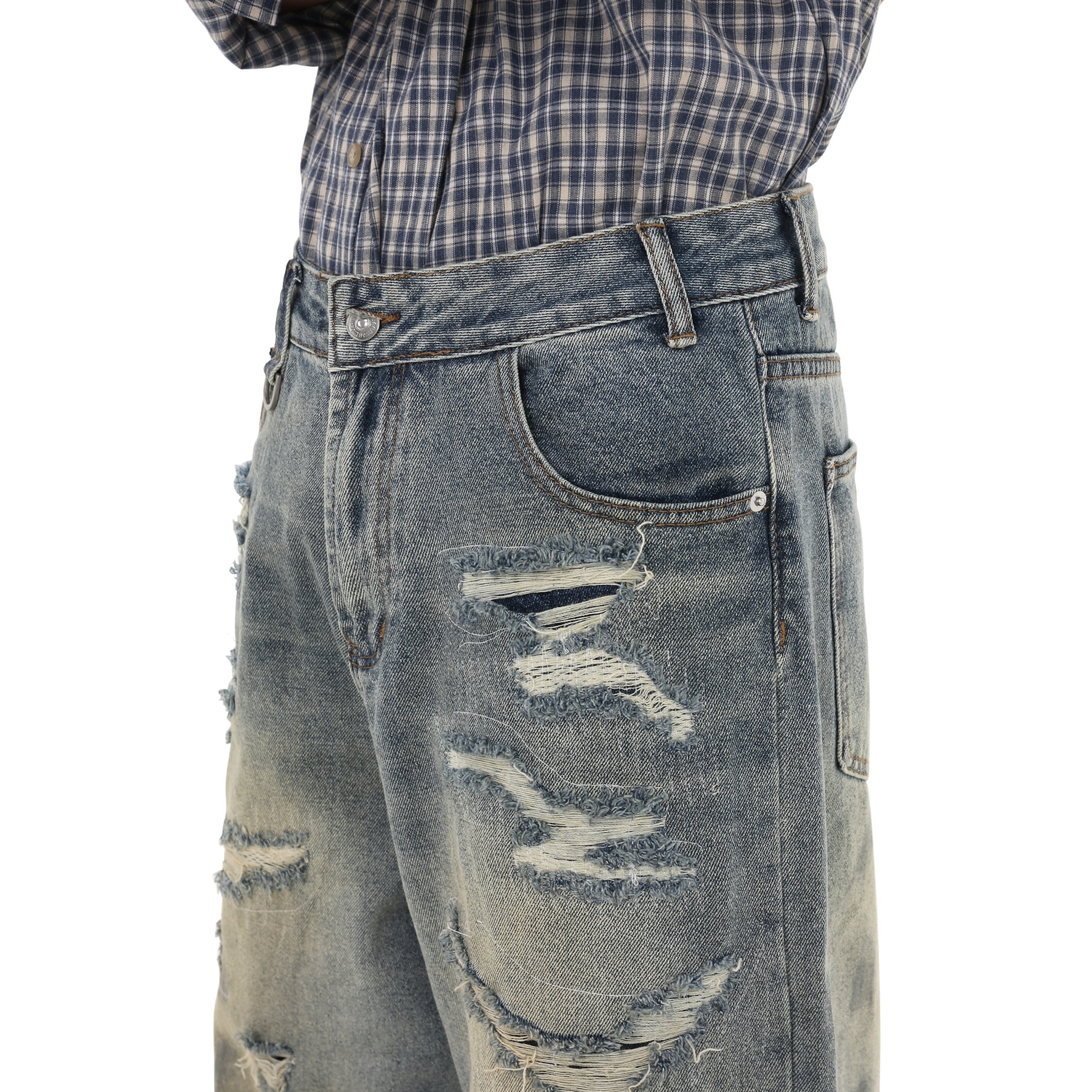 Distressed Ripped Wide-leg Buggy Jeans GB7008