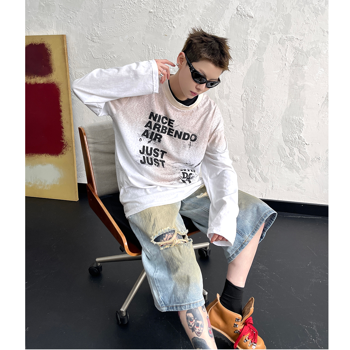 Letter Print Tie-dye Long Sleeve T-shirt EAT092