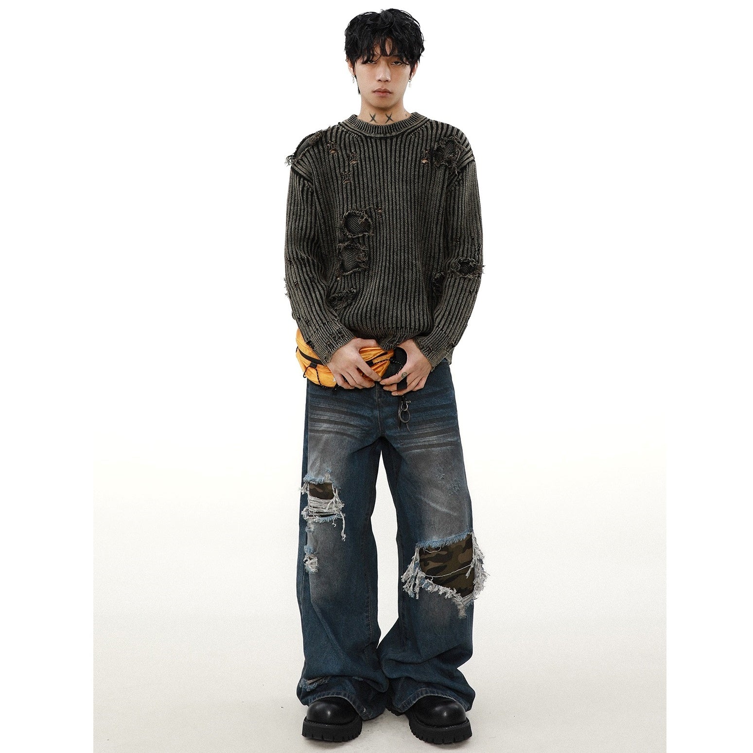 Heavy Industry Washed Ripped Tassel Sweater MB7296