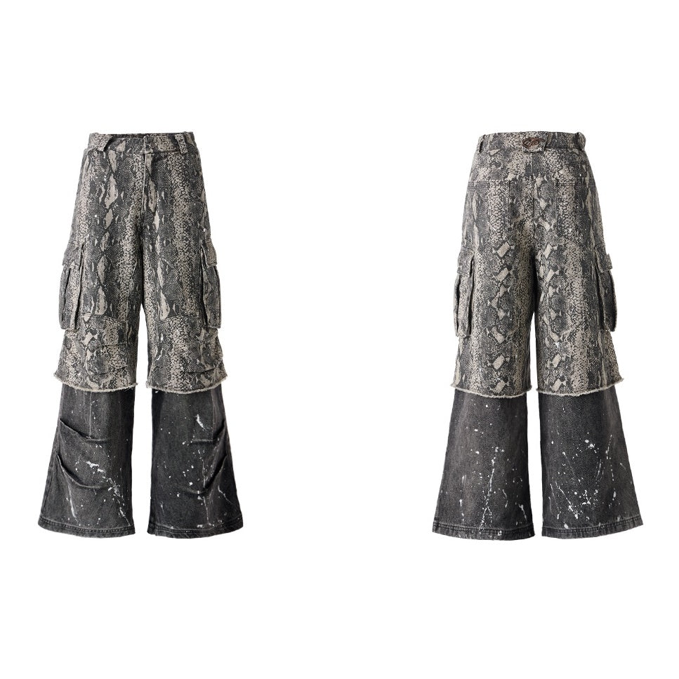 Fake Two-piece Python Print Panelled Baggy Pants MB7321