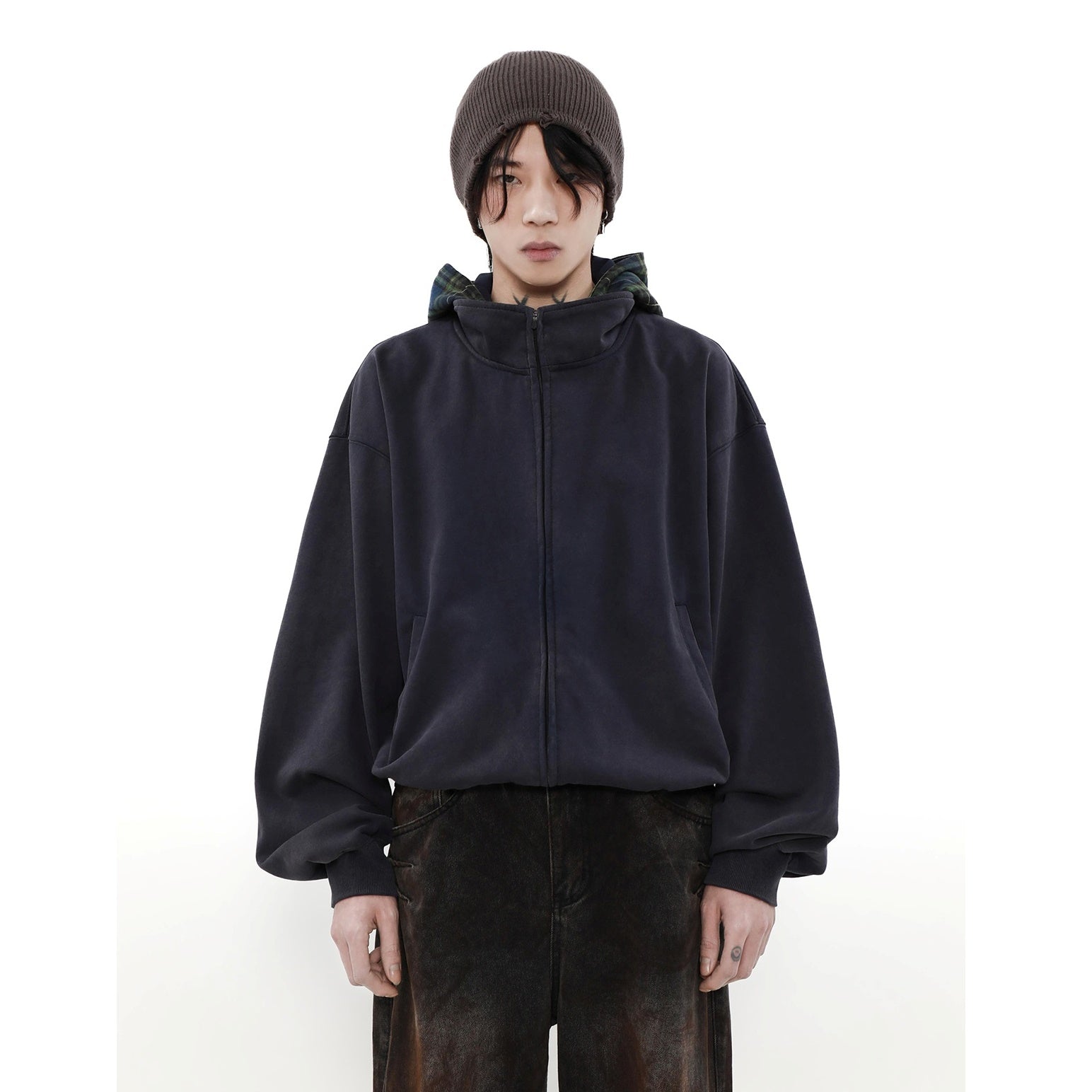 Check Hooded Stand Collar ZIP-Up Parka MB7234