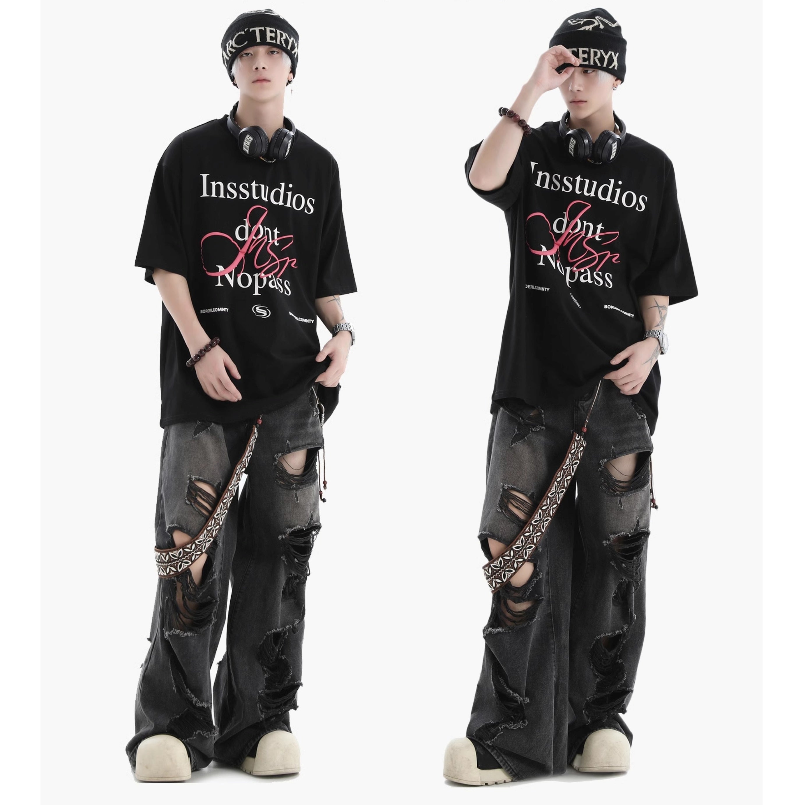 Scratched and Ripped Loose Washed Straight Jeans IN7008