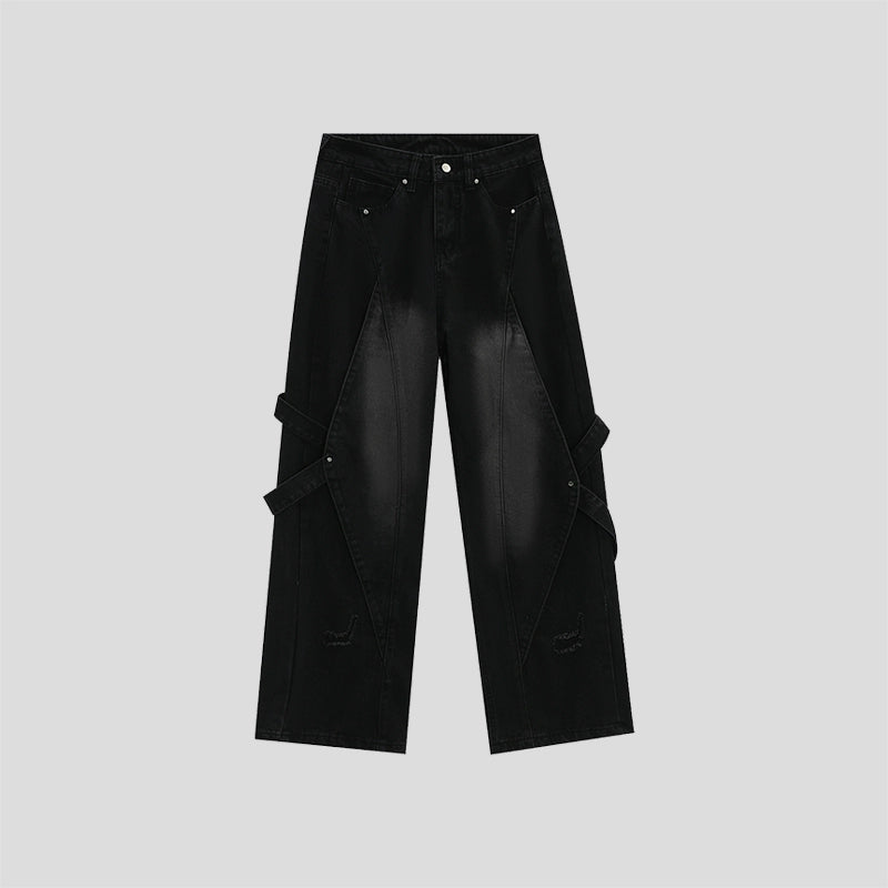 Distressed Washed 3D Paneled Strap Street Jeans IN7010