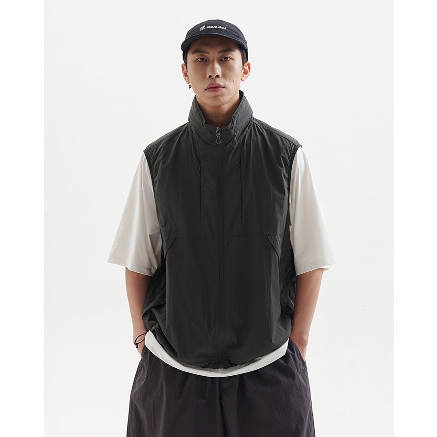 High-Neck Hidden Hood Outdoor ZIP-Up Vest BB001