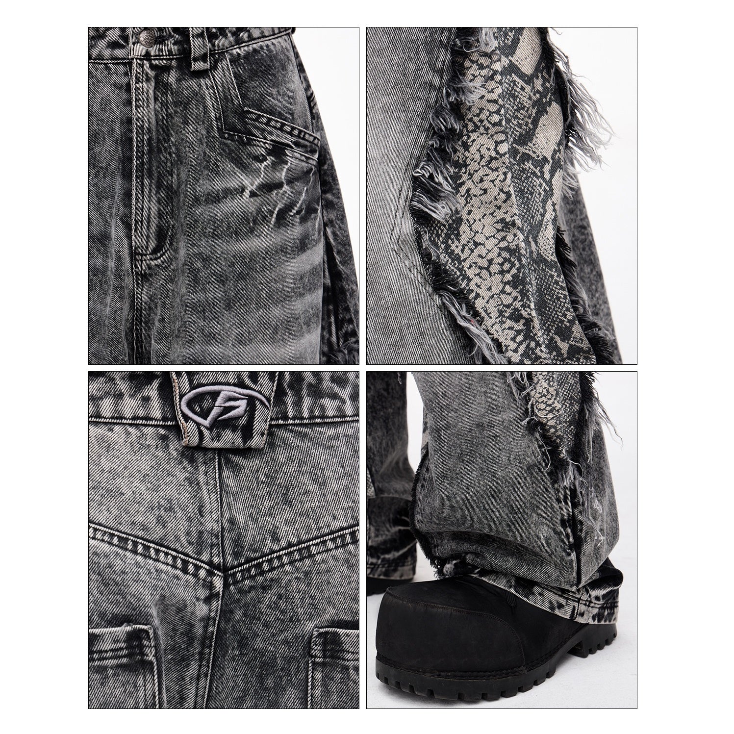 Raw-edged Snakeskin-panelled Washed Barrel Leg Jeans MB7326