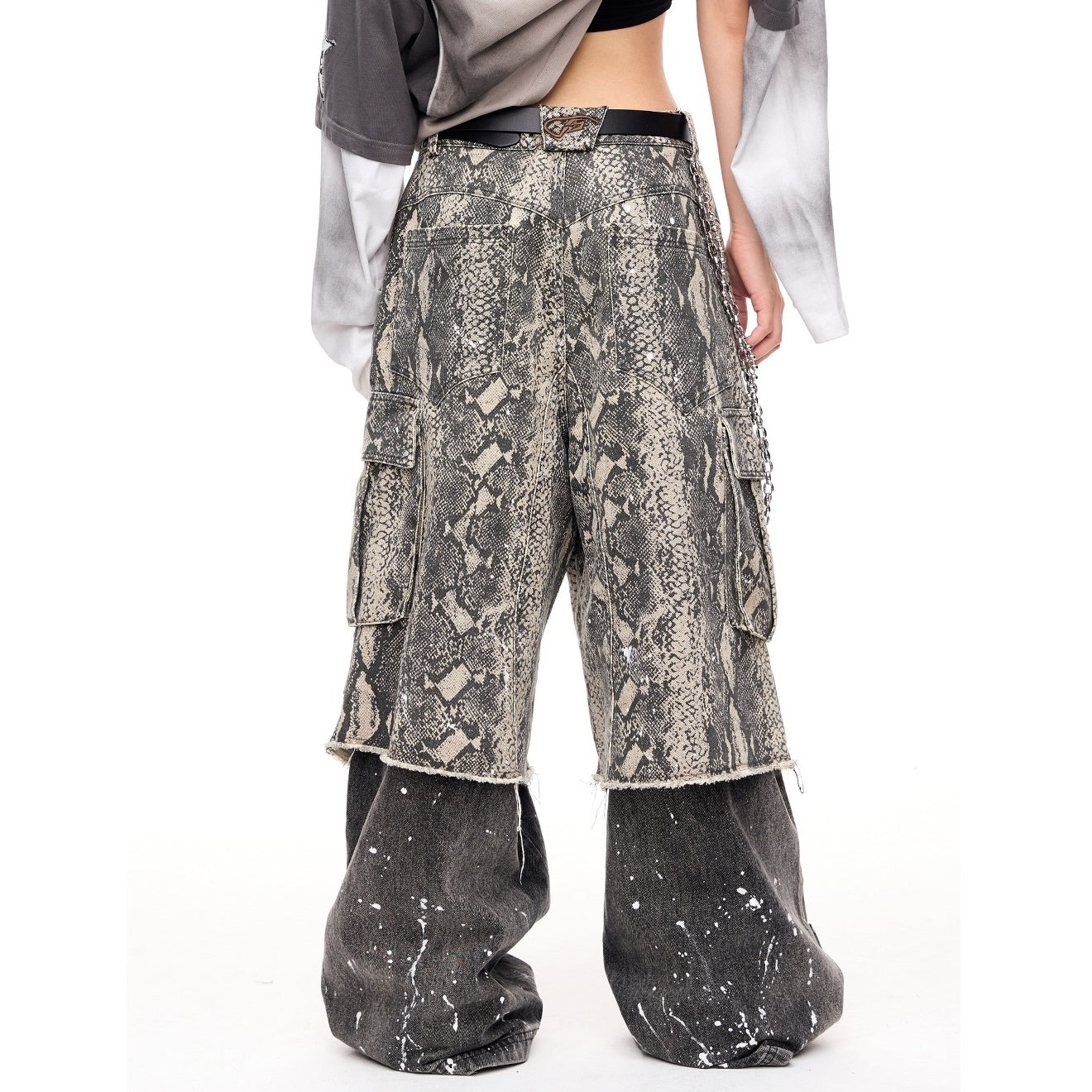 Fake Two-piece Python Print Panelled Baggy Pants MB7321
