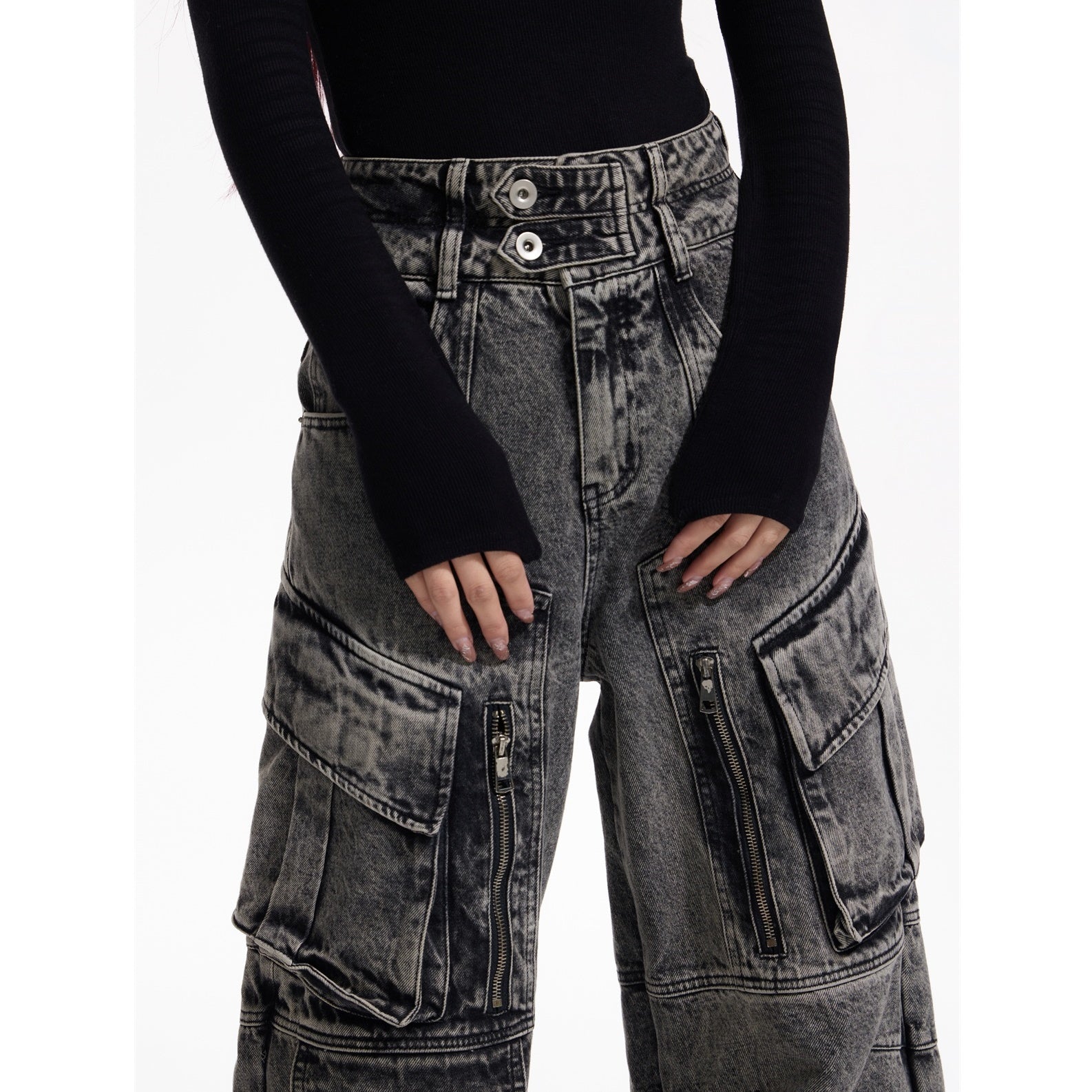 Wide-leg Double Pocket Cargo Jeans MB7028